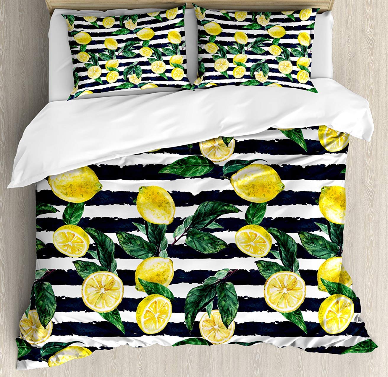 Modern 3-Piece King Bedding Set - Soft Comforter Duvet Cover with 2 Decorative Pillowcases - Refreshing Lemon Print on Horizontal Stripes - Perfect for Kids, Teens & Adults - Ideal for Bedroom, Guest Room & Dorm Decor