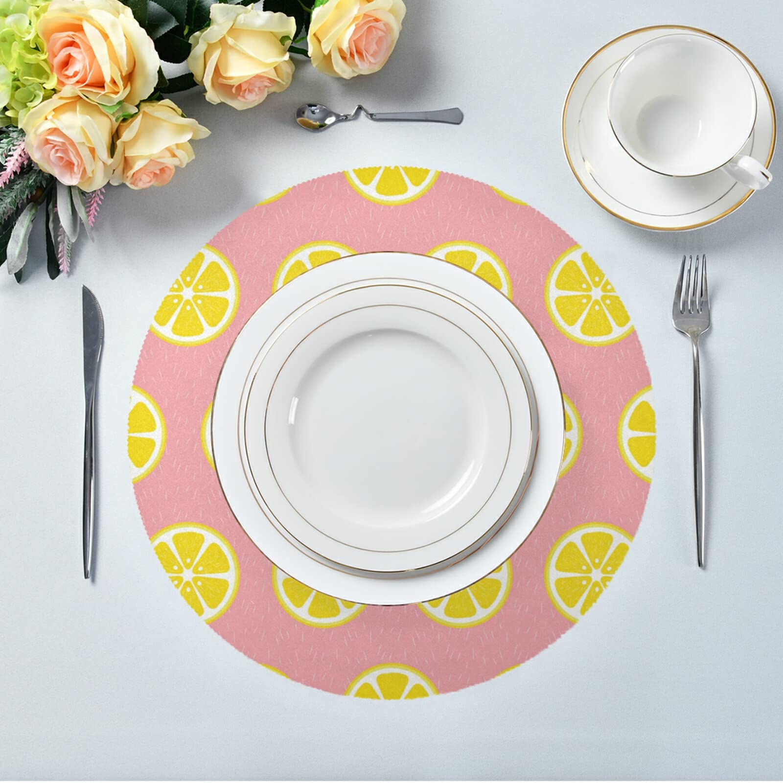 WIHVE Round Placemats Set of 6 - Yellow Lemon Dots Non-Slip Table Mats for Kitchen Dining (15.4 Inch) - Perfect for Family Meals, Dinner Parties & Everyday Use