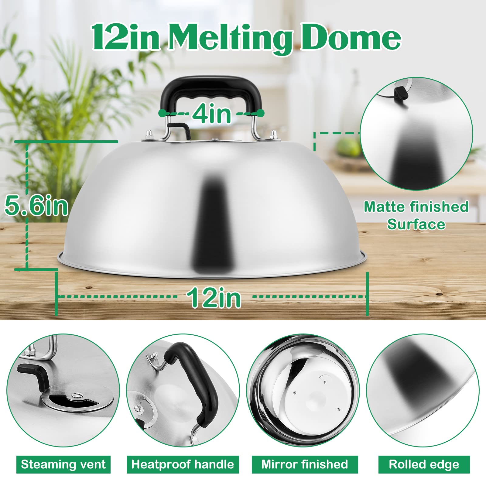 12-Inch Stainless Steel Cheese Melting Dome with Adjustable Vent - Heavy Duty Basting Cover for Flat Top Griddle, Teppanyaki, Indoor & Outdoor Cooking - Dishwasher Safe - Perfect for Melting Cheese, Steaming Vegetables & Keeping Food Warm