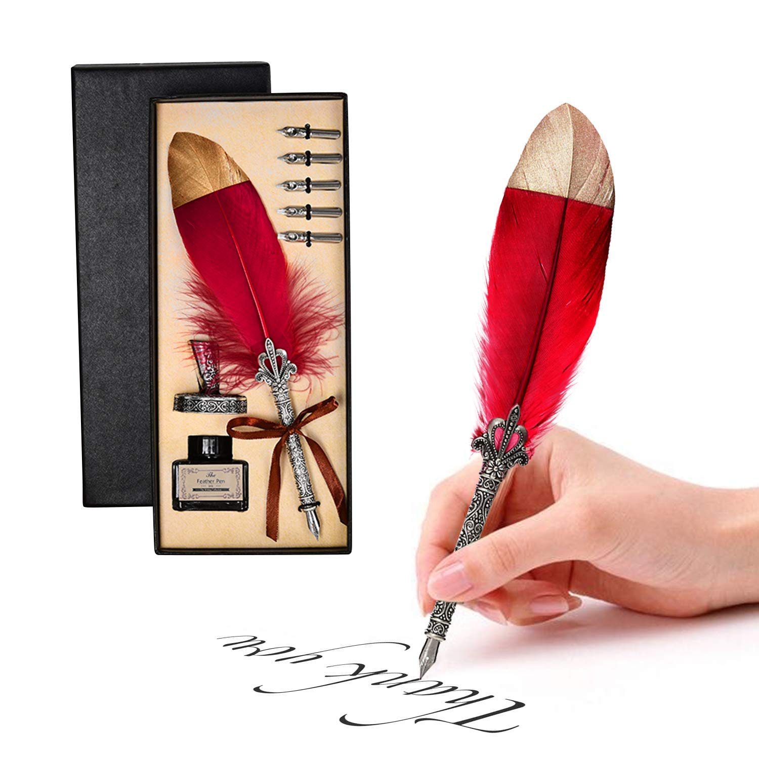 Vintage Feather Quill Pen Set with 5 Metal Nibs & Silver Handmade Holder - Calligraphy Writing Pen with Ink for Beginners, Professionals - Perfect Gift for Birthday, Thanksgiving, Christmas (Wine Red) - Ideal for Wedding Invitations, Scrapbooking & Historical Reenactments