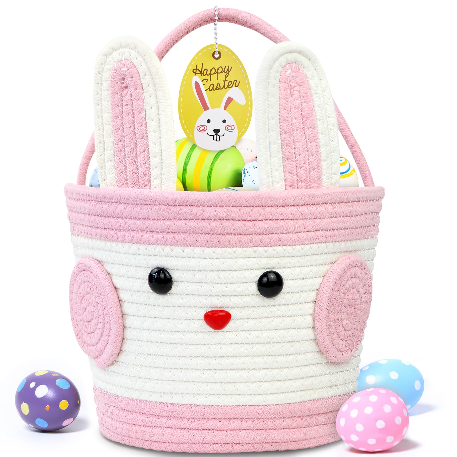 Easter Basket for Kids - 10.2 x 7.9 x 7.5 Inch Large Woven Easter Basket with Handle, Bunny Egg Basket for Boys Girls Toddlers (Pink) - Perfect for Easter Egg Hunts, Party Favors, and Spring Decorations