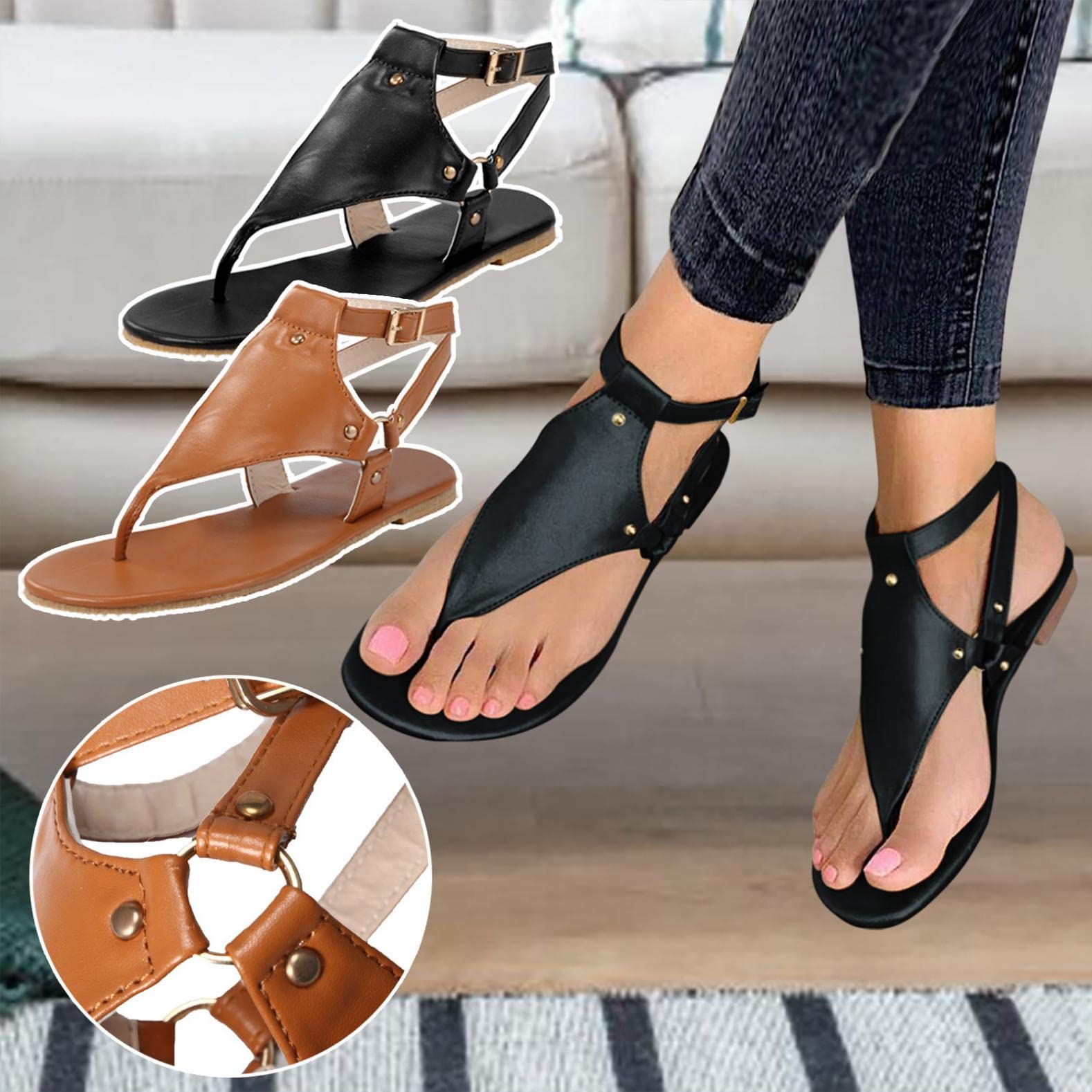 Gibobby Women's Flat Casual Summer Sandals - Buckle Ankle Strap Fashion Flip Flops with Open Toe | Perfect for Beach, Vacation & Everyday Wear