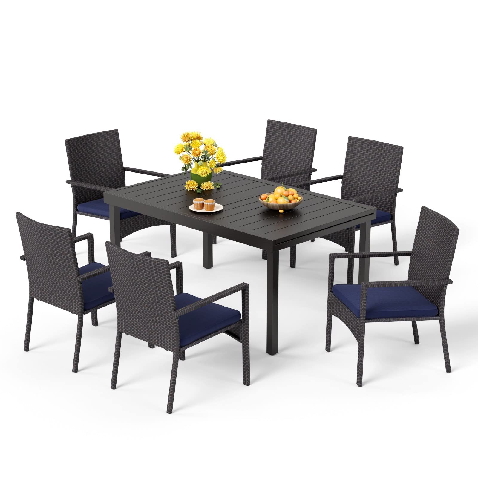 MFSTUDIO 7-Piece Outdoor Patio Dining Set - Extendable Metal Table & Rattan Chairs for 6 - Weather-Resistant Garden Furniture for Backyard, Poolside & Outdoor Entertaining