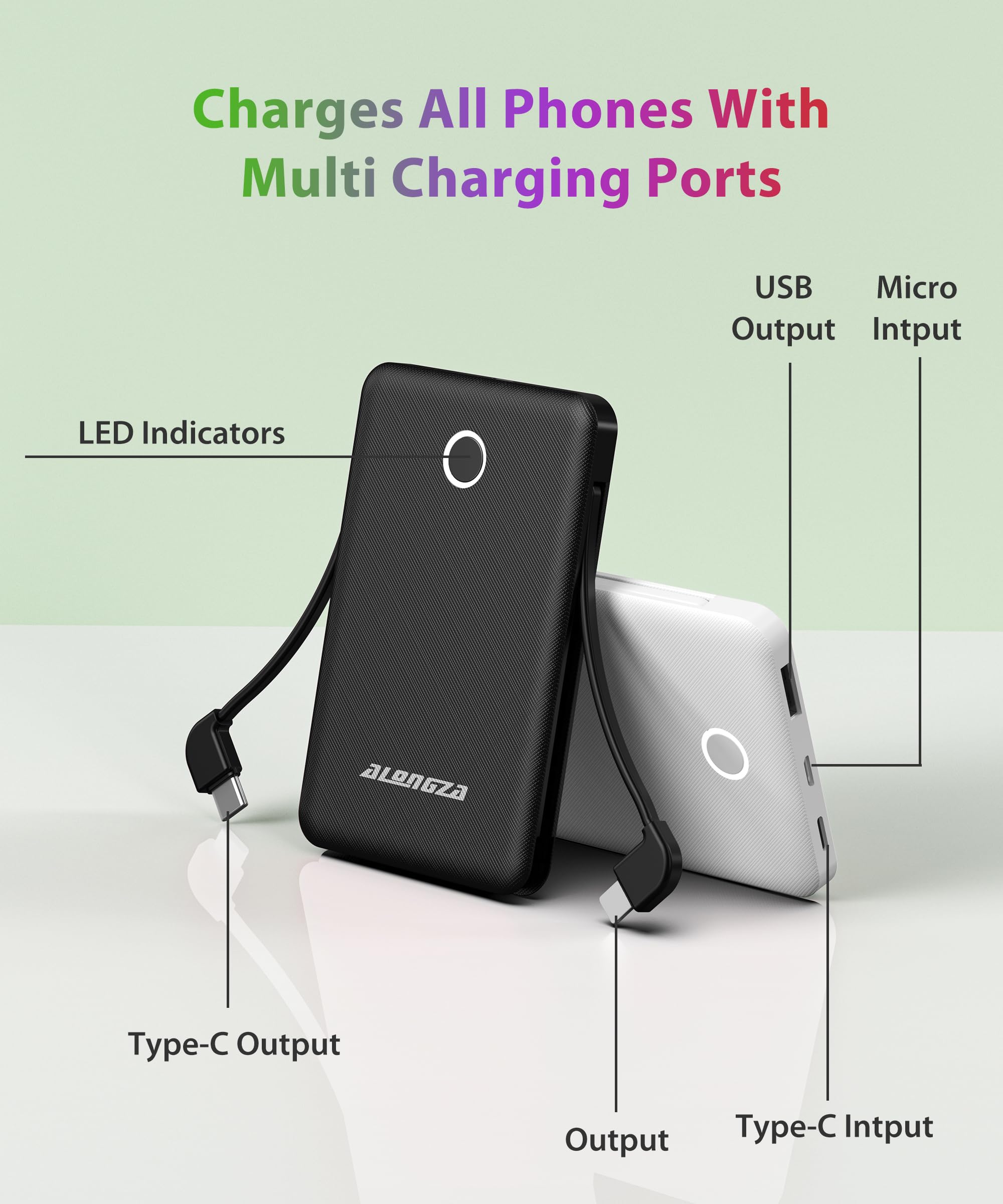 Alongza 6000mAh Ultra Slim Portable Charger with Built-in Cable - Compact Power Bank for iPhone, Samsung & Android Phones - Perfect for Travel, Camping & Emergency Backup (2 Pack, Black & White)