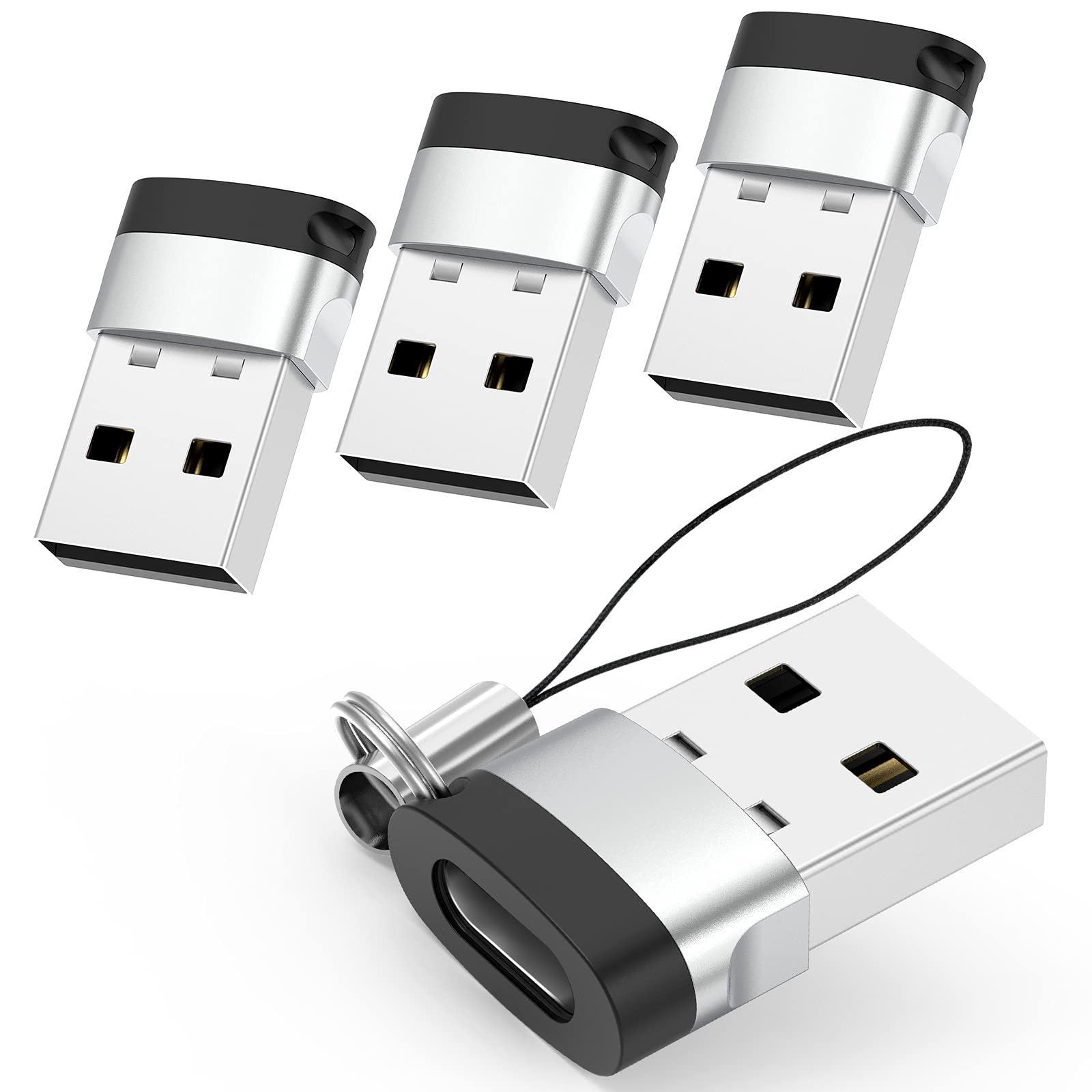 4-Pack USB C to USB Adapter, Type C Female to USB Male Charger Cable Converter - Compatible with Apple Watch Series 7/SE, iPhone, iPad Air 4th/5th, iPad Mini 6th, Samsung Galaxy - Silver | Perfect for Travel, Office & Home Charging Solutions