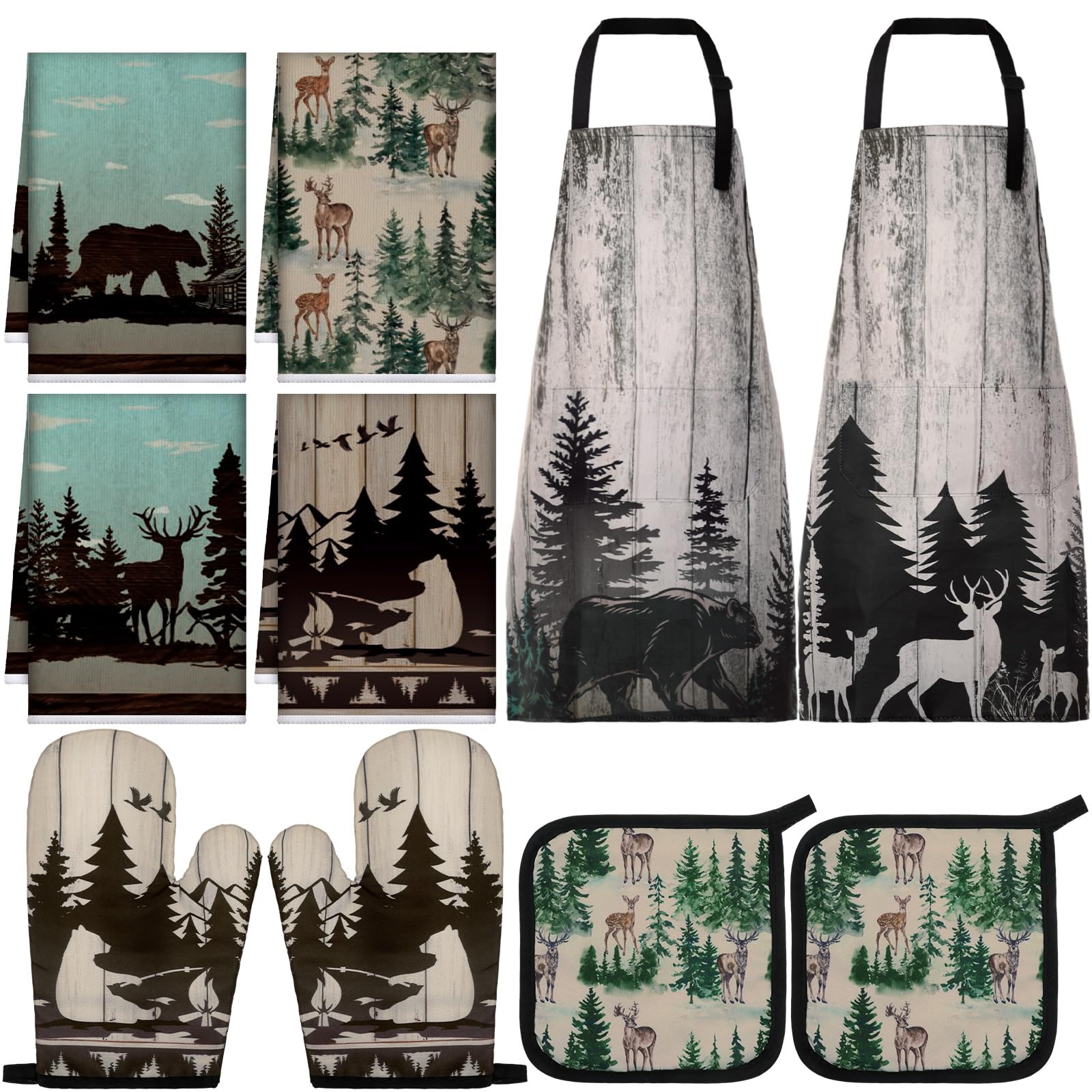 Geetery 10-Piece Christmas Kitchen Set - Cotton Oven Mitts, Pot Holders, Apron & Towels with Holiday Tree Design - Gray Green Jungle Print - Perfect for Holiday Cooking, Baking & Kitchen Decor