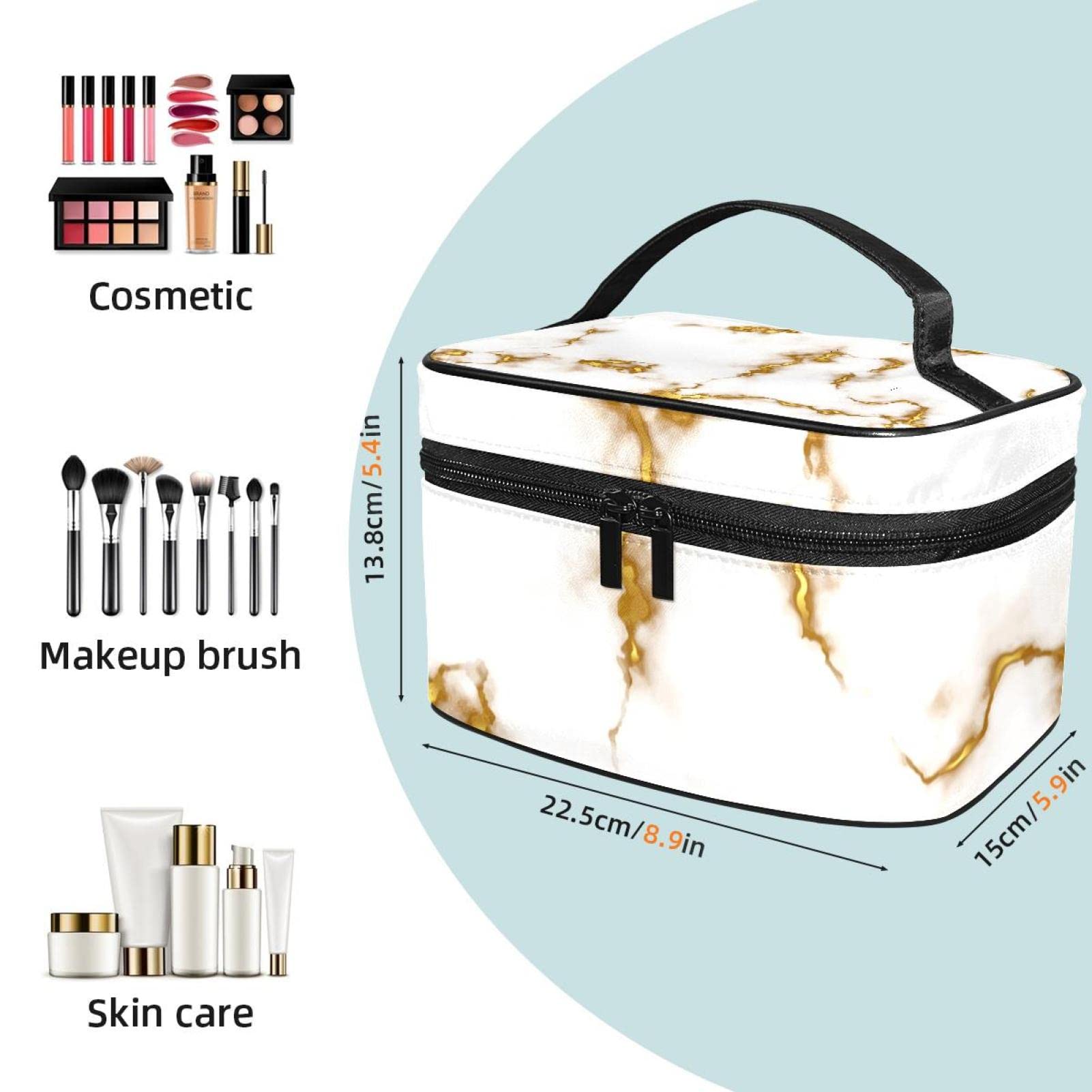 Portable Makeup Organizer Bag for Women & Girls - Travel Cosmetic Case with White Golden Marble Texture | Perfect for Toiletries, Home Storage & On-the-Go Beauty Essentials