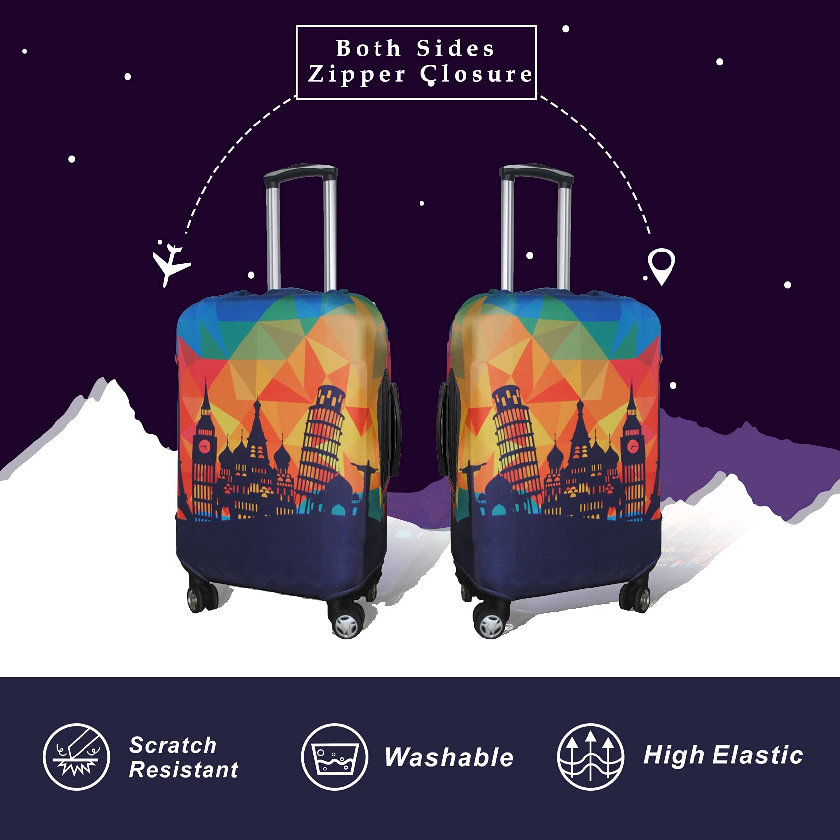 Explore Land Travel Luggage Cover - Waterproof Suitcase Protector for 23-26 Inch Bags (Modern City Design, Medium) - Perfect for Airplane Travel, Business Trips & Vacation Packing
