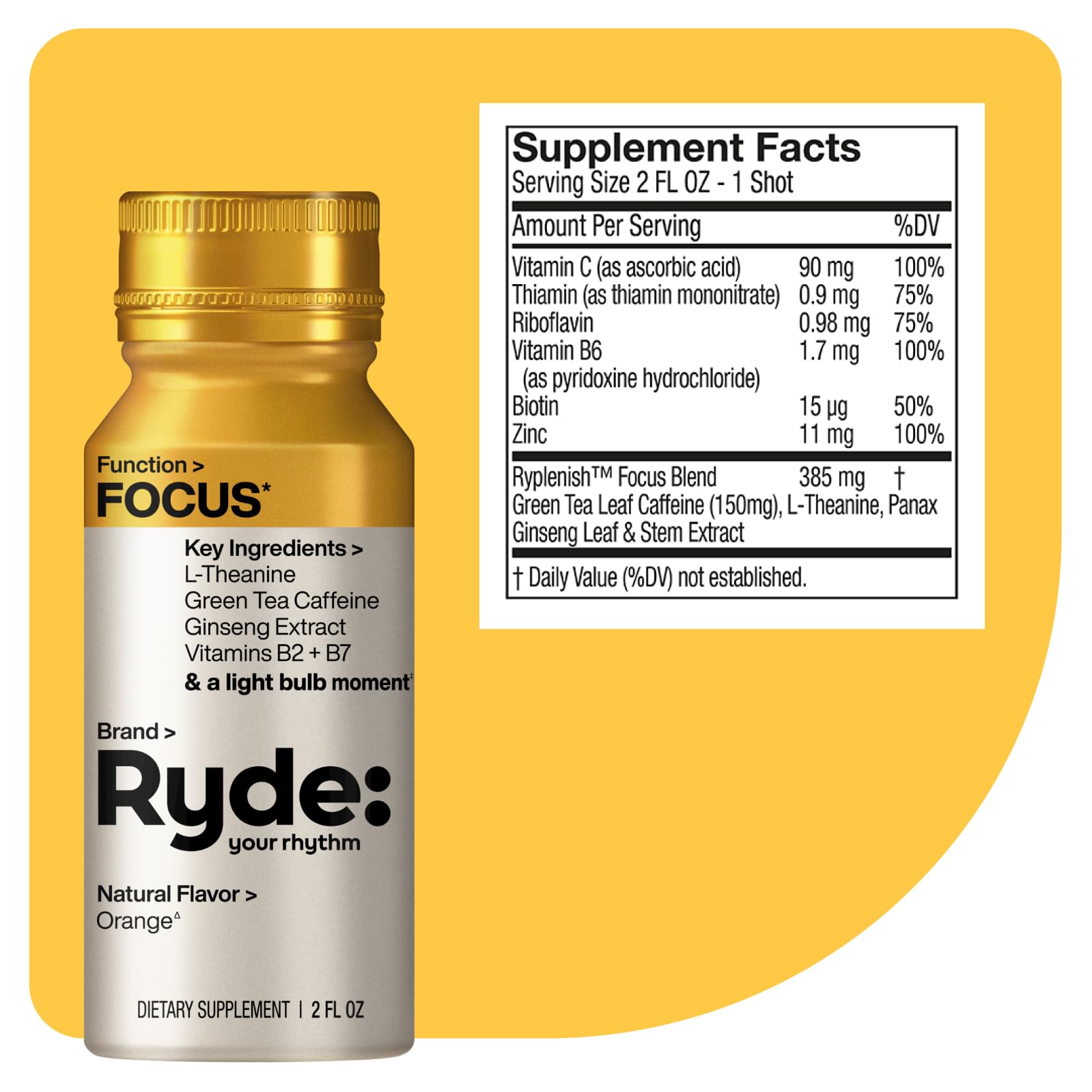 Ryde Focus Shot Energy Drink - Orange Flavor with L-Theanine, Ginseng & Green Tea Caffeine | Zero Sugar, Zero Calories | Vitamin B2 & B7 Supplement | 2oz Shots (24 Pack) | Supports Mental Focus & Clarity - Perfect for Workouts, Study Sessions and Long Workdays