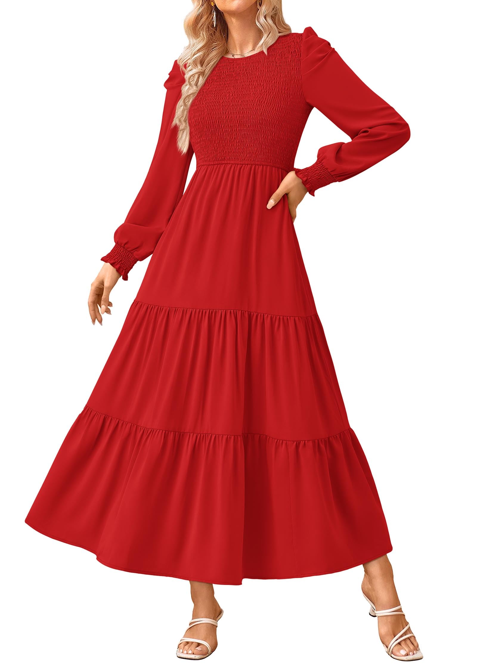 KIRUNDO Women's Spring Wedding Guest Dress - Puff Long Sleeve Maxi Dress with Crew Neck & Smocked Tiered A-Line Design | Perfect for Weddings, Parties & Special Occasions