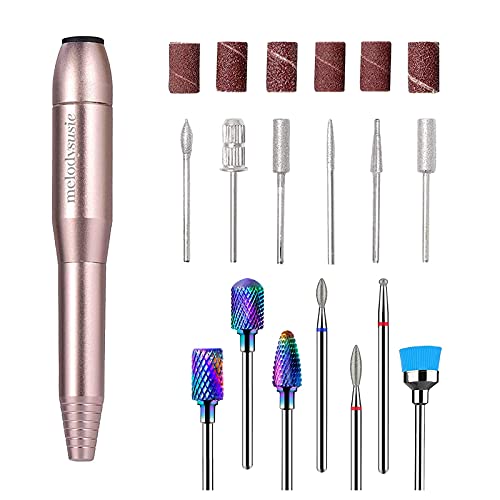 MelodySusie Portable Electric Nail Drill Kit - 7Pcs Tungsten Carbide Diamond Drill Bits for Acrylic & Gel Nails | Professional Manicure Pedicure Polishing & Shaping Tools | Compact Efile for Home & Salon Use (Gold)