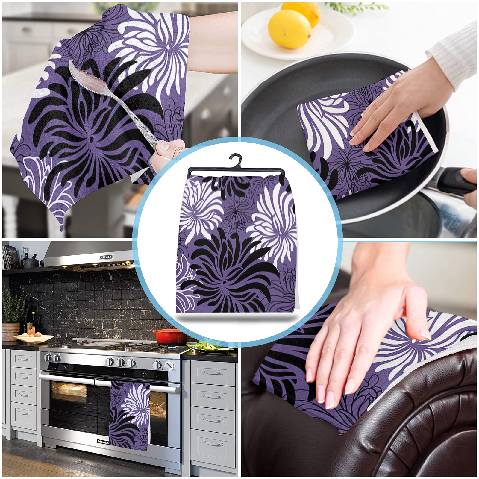 Premium Microfiber Dish Towels Set of 4 - Super Absorbent & Quick-Drying Kitchen Tea Towels (18x28 Inch) in Retro Black, White & Purple Patterns | Ideal for Dishes, Countertops & Bathroom Use