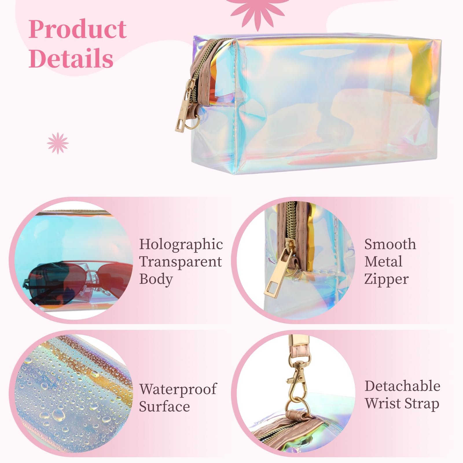DIMEGON 8 Pcs Holographic Makeup Bags - Iridescent Clear Cosmetic Organizer with Zipper & Wrist Loop | Waterproof Travel Toiletry Pouch for Women | Perfect for Travel, Gym, Beach & Daily Makeup Storage