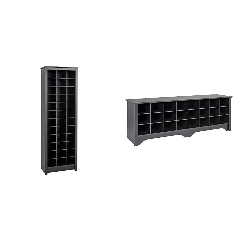 Prepac 36 Pair Shoe Storage Cabinet & 24 Pair Shoe Cubby Bench - Black Shoe Organizer for Entryway, Closet, and Bedroom Storage Solutions