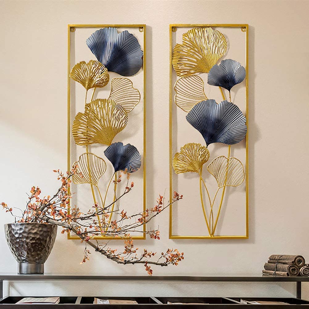 2 Pcs Metal Leaf Wall Art Decor - Gold Framed Ginkgo Leaves Sculpture for Nature Home & Kitchen Decor | Creative Modern Wall Hangings for Living Room, Bedroom, Office (8.5