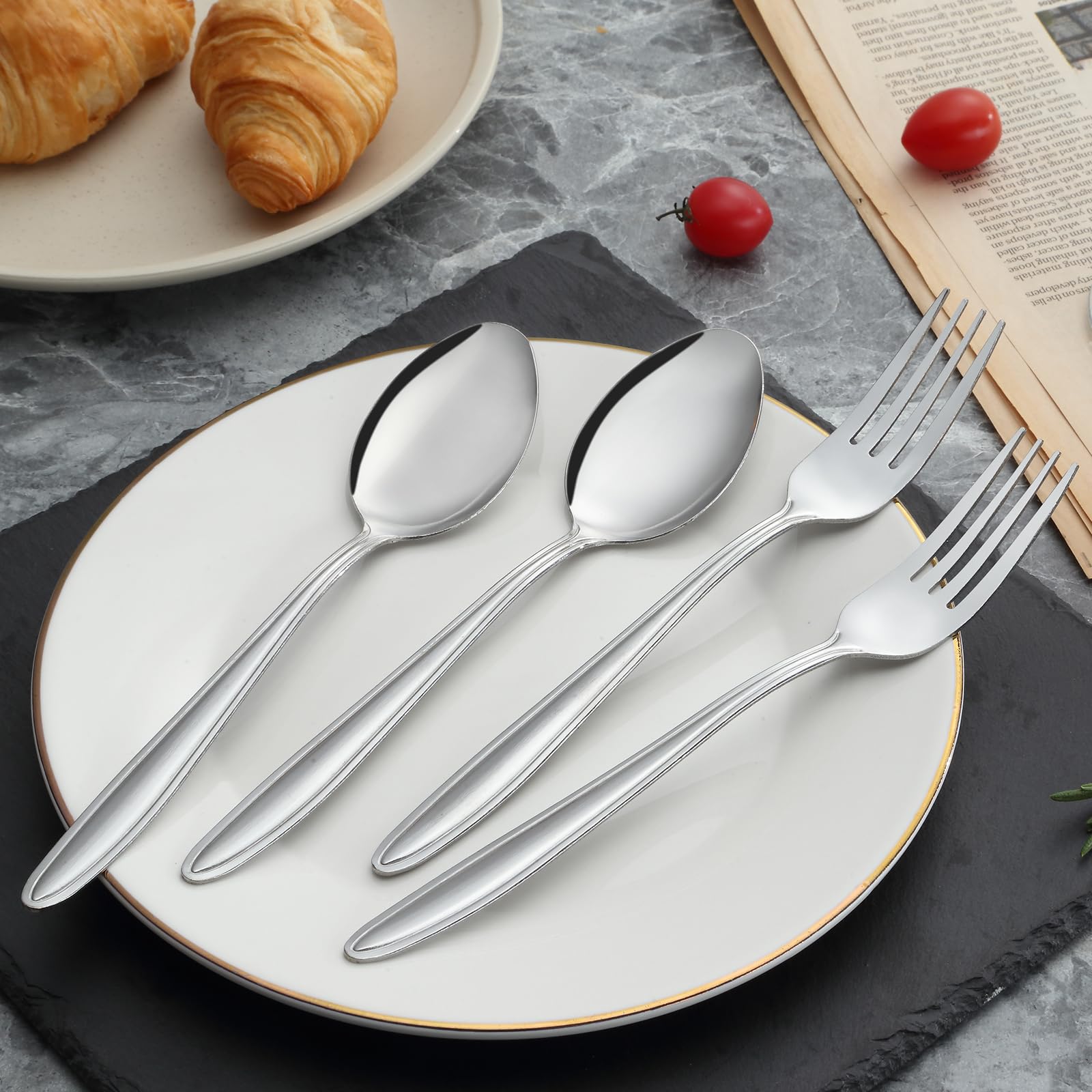 24-Piece Stainless Steel Forks and Spoons Set - 12 Dinner Forks & 12 Spoons - Food Grade Mirror Polished Silverware for Home, Kitchen, Restaurant & Party Use - Dishwasher Safe Durable Flatware