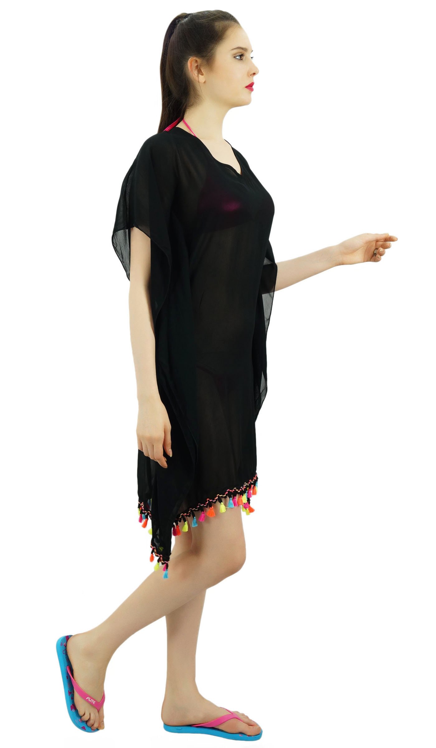 Bimba Sheer Kimono Kaftan - Women's Beach Cover Up with Tassel Details | Lightweight Summer Coverup for Pool, Vacation & Boho Fashion