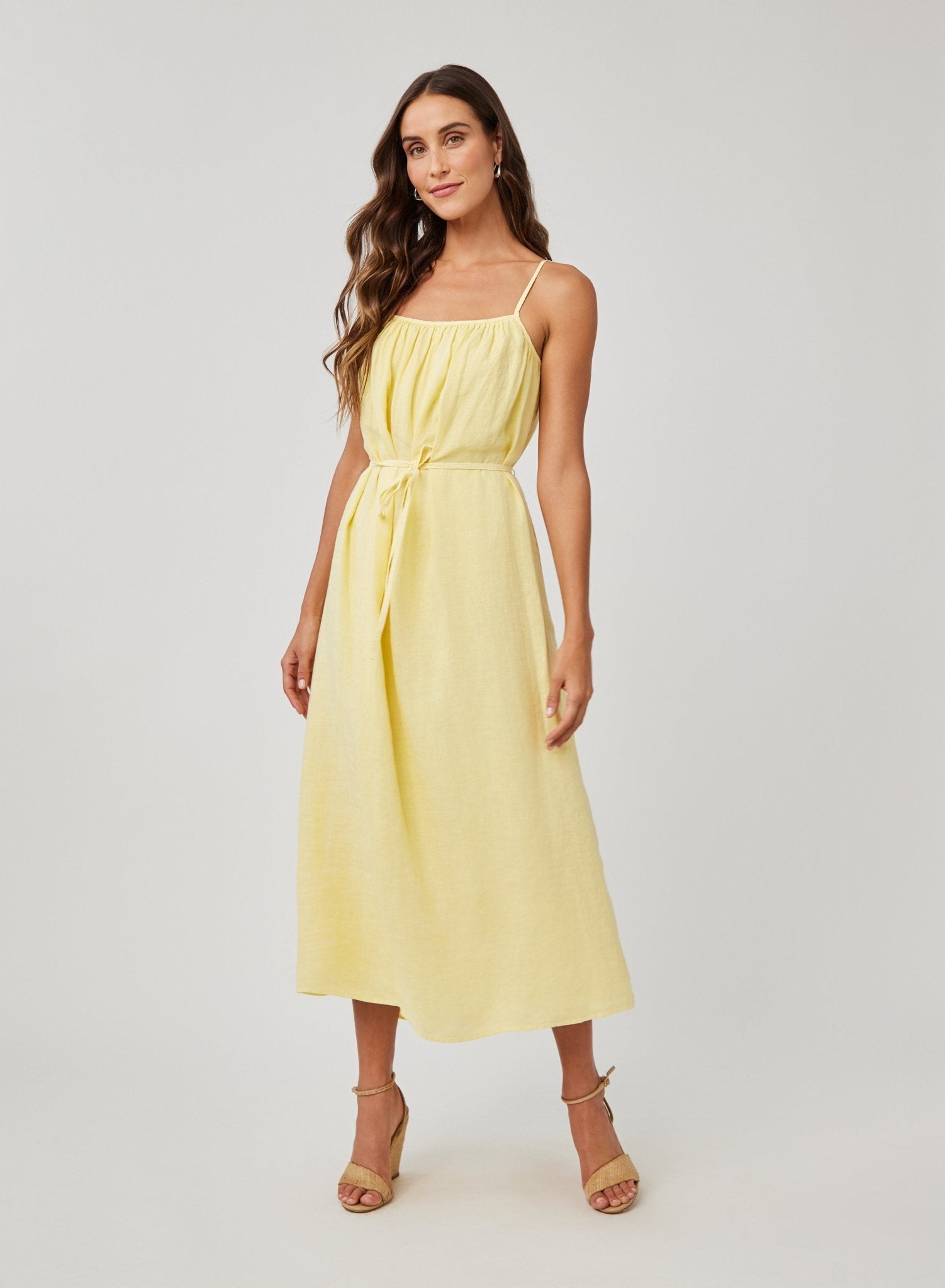 Linen Shirred Maxi Dress for Women - Boho Summer Dress in Dahlia Yellow | Beach Wedding, Vacation, Casual Outfit