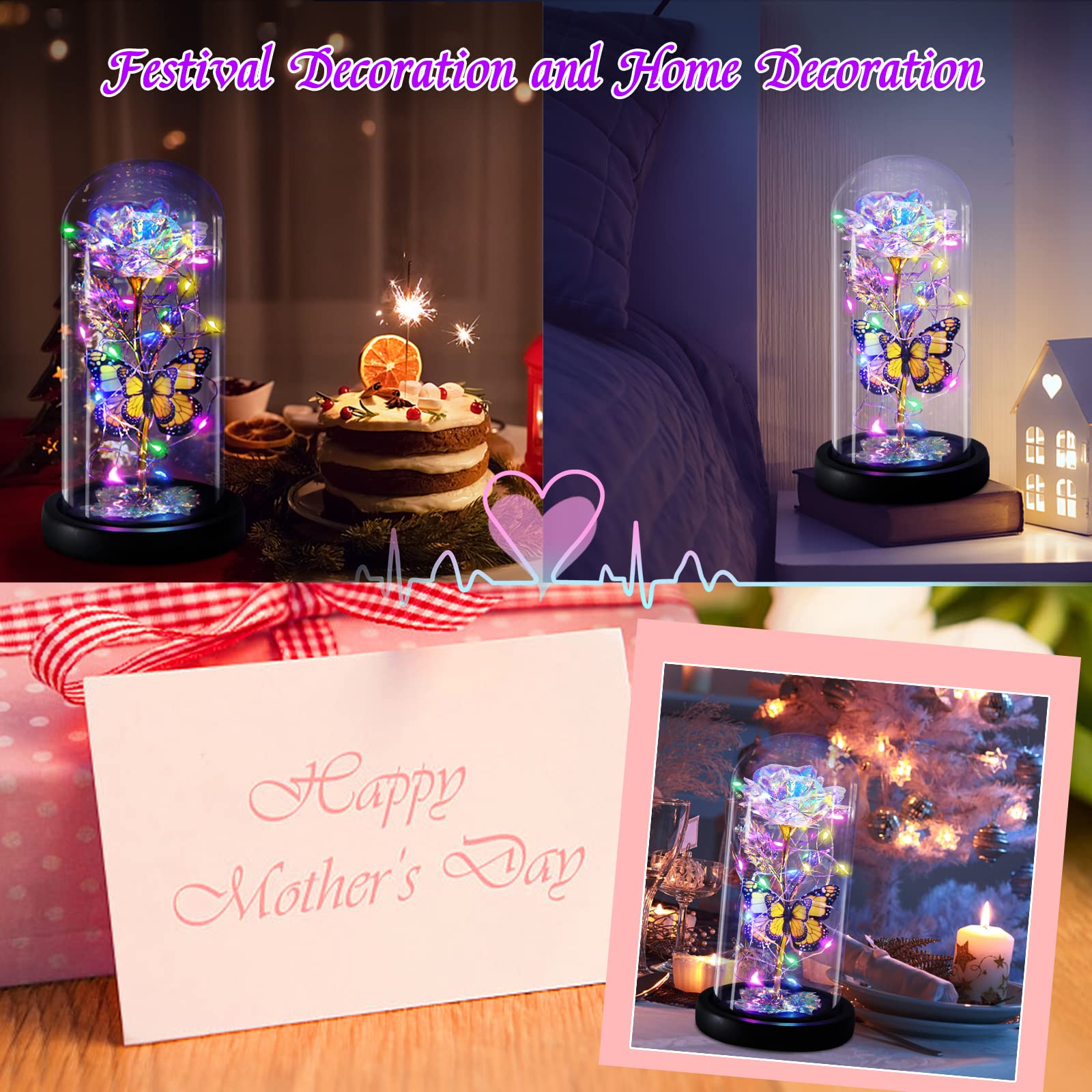Galaxy Butterfly Rose in Glass Dome - Light Up Forever Rose Gift for Women, Mom, Grandma, Wife | Birthday, Mother's Day, Valentine's, Anniversary & Thanksgiving Present | Romantic Home Decor & Special Occasion Gift Idea