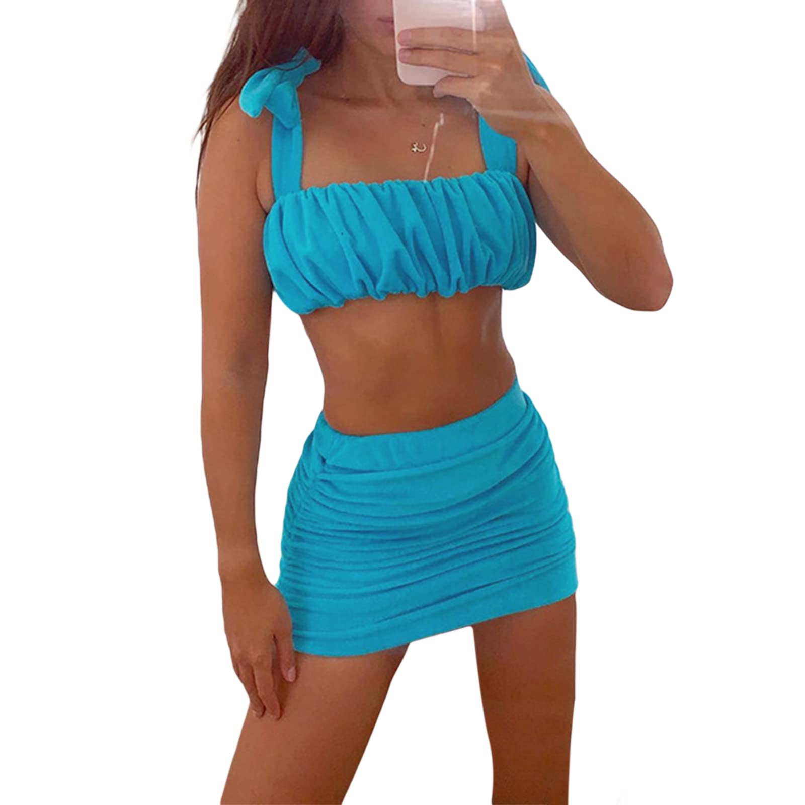 Y2K Women's Ruched Two Piece Skirt Set - Tie Strap Crop Top & Bodycon Mini Skirt | Summer Streetwear Outfit for Club, Party & Casual Wear