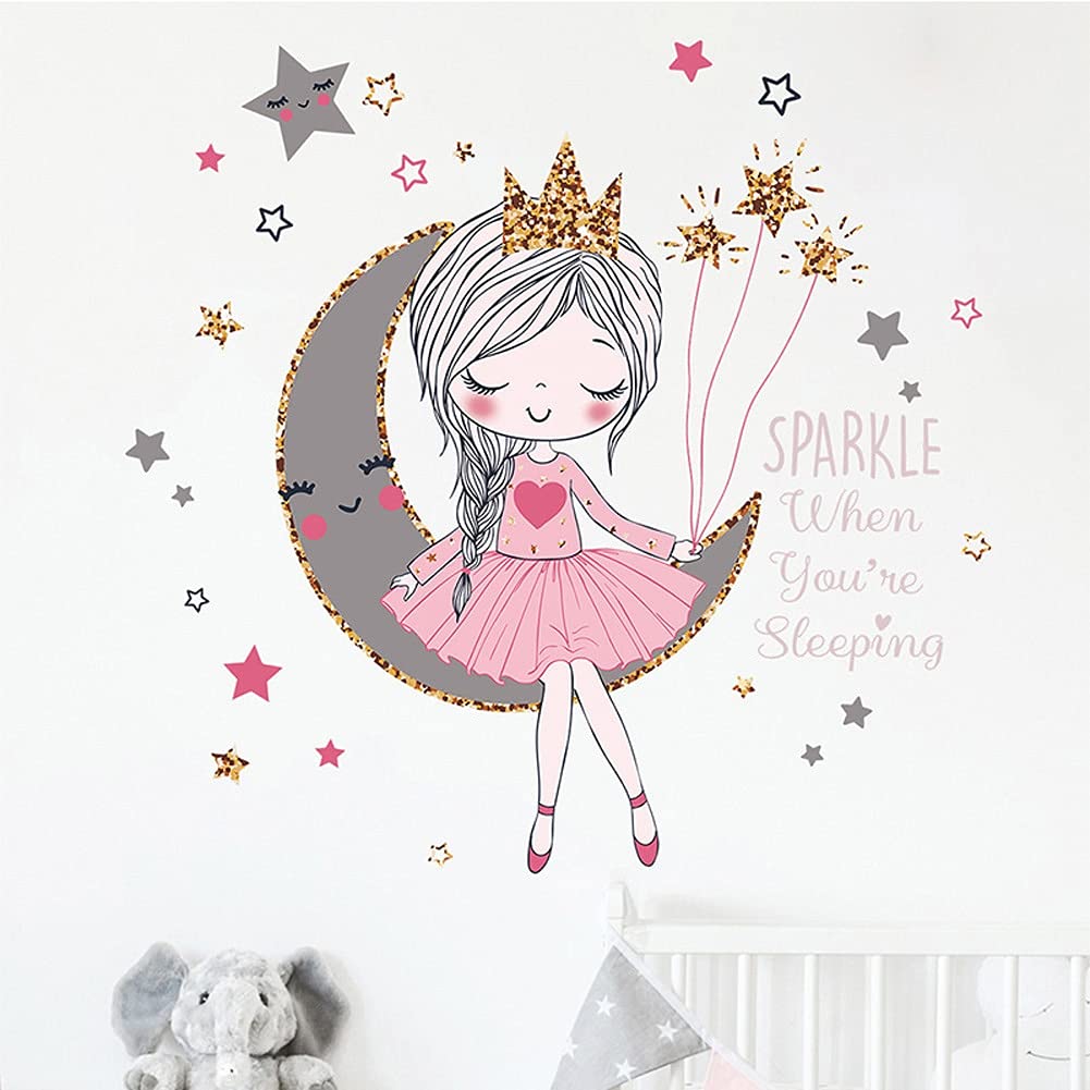 Princess on The Moon Wall Sticker - Beautiful Cartoon Decals for Girls Bedroom, Nursery & Living Room Decor - Perfect for Kids Room, Home Decoration & DIY Wall Art
