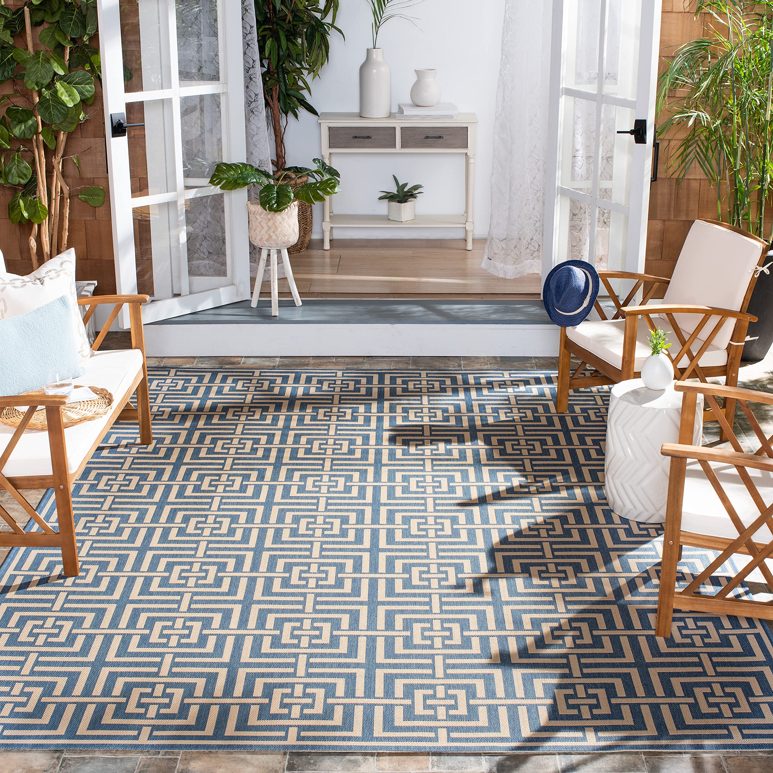 SAFAVIEH Beach House Collection 9' x 12' Blue and Cream Geometric Area Rug - Indoor/Outdoor Non-Shedding, Easy to Clean for Patio, Backyard, Porch, Deck & Mudroom | Perfect for Coastal Living, Beach Houses & Summer Decor