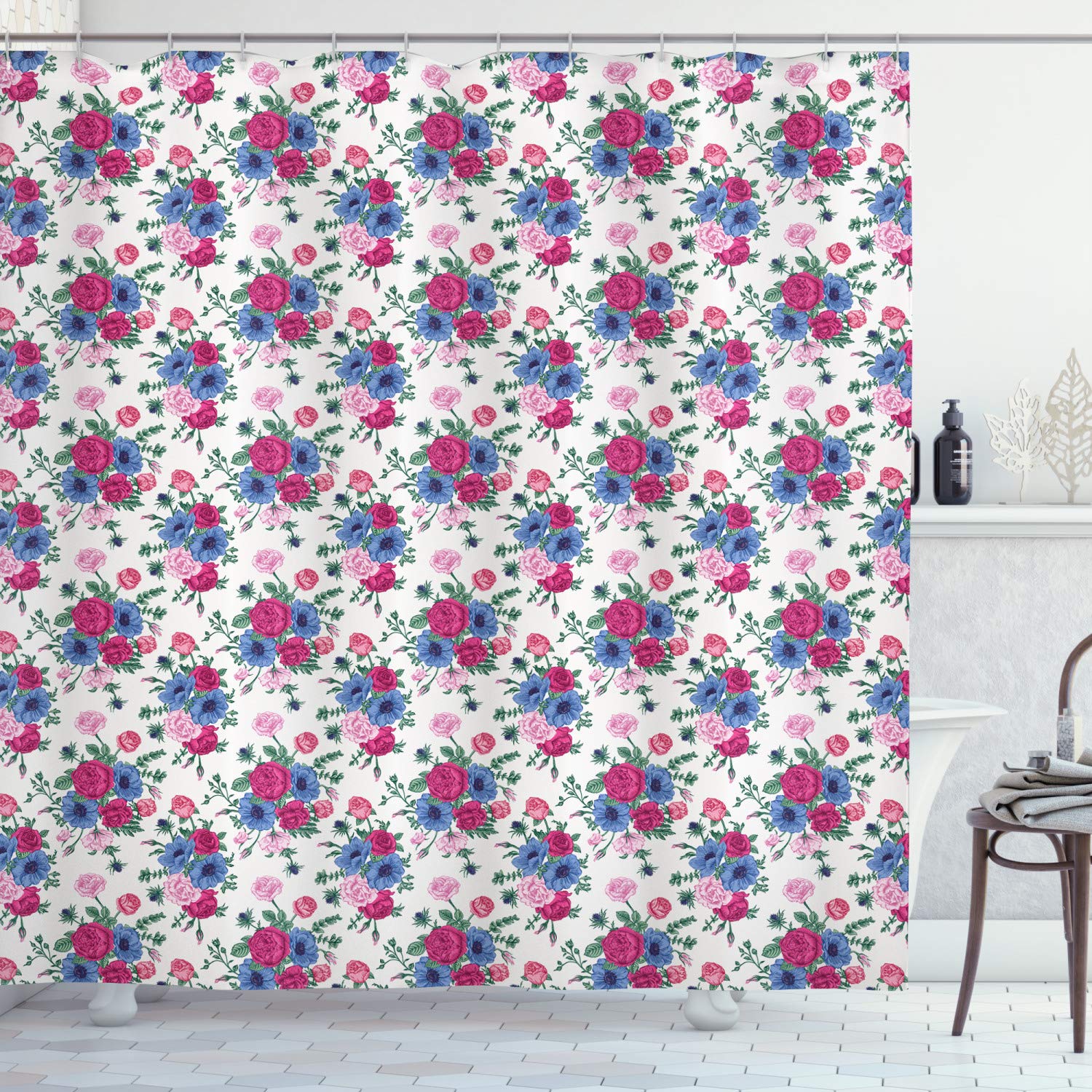 Ambesonne Floral Wedding Shower Curtain - Elegant Bridal Bouquet Design with Roses, Anemones & Eustoma Flowers, 69x75 Inch Fabric Bathroom Decor Set with Hooks - Perfect for Bridal Showers, Wedding Gifts & Bathroom Decor