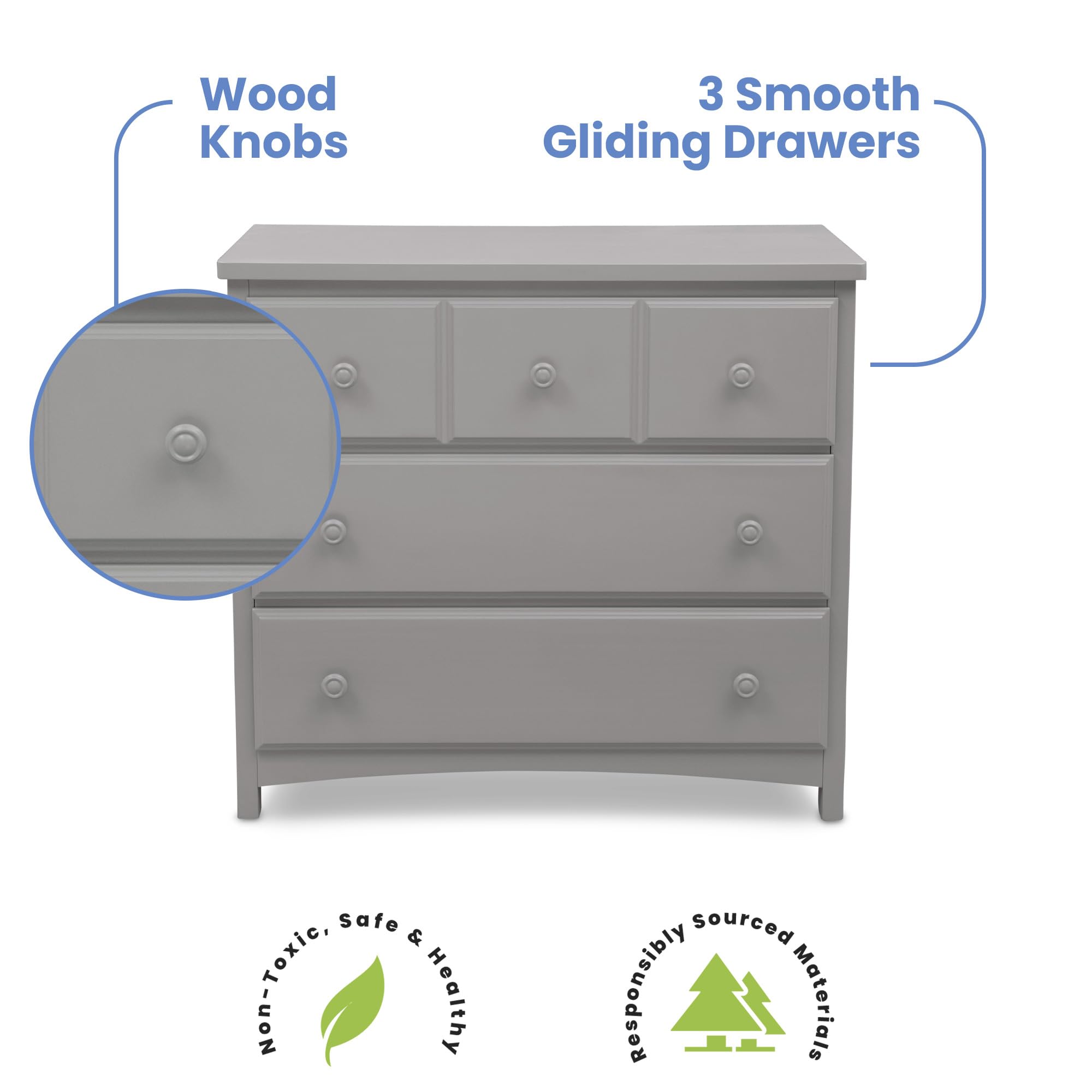 Delta Children 3-Drawer Dresser with Interlocking Drawers - Sturdy Nursery Furniture for Baby Clothes Storage, Grey - Perfect for Kids' Bedroom Organization & Nursery Decor