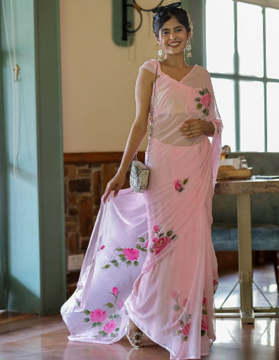 1 Minute Baby Pink Floral Georgette Stitched Ready Made Saree - Perfect for Weddings, Parties & Festive Occasions