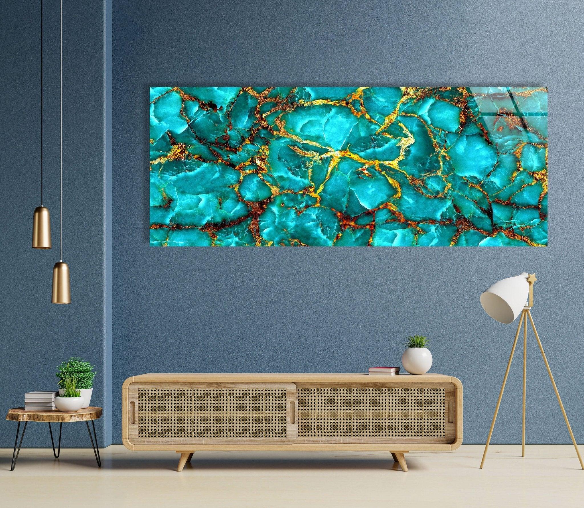 Abstract Glass Wall Art in Aqua Blue with Gold Veins - Modern Home Decor for Living Room, Bedroom & Office