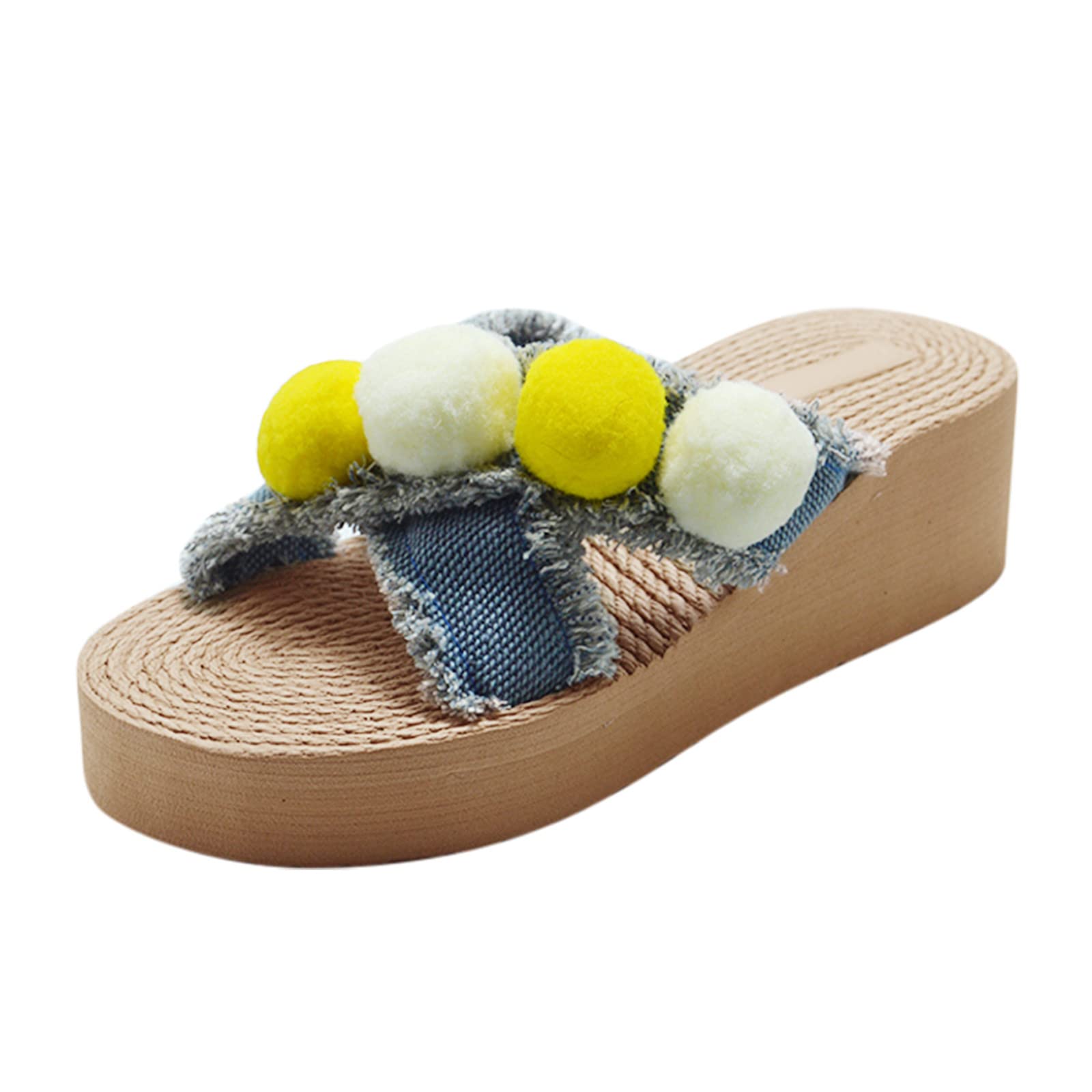 Women's Summer Fashion Sandals with Tassel - Denim Cross Strap Beach Wedge Sandals in Linen - Extra Wide Fit Size 12 (Yellow, 8) - Perfect for Beach Vacations, Casual Outings & Summer Parties