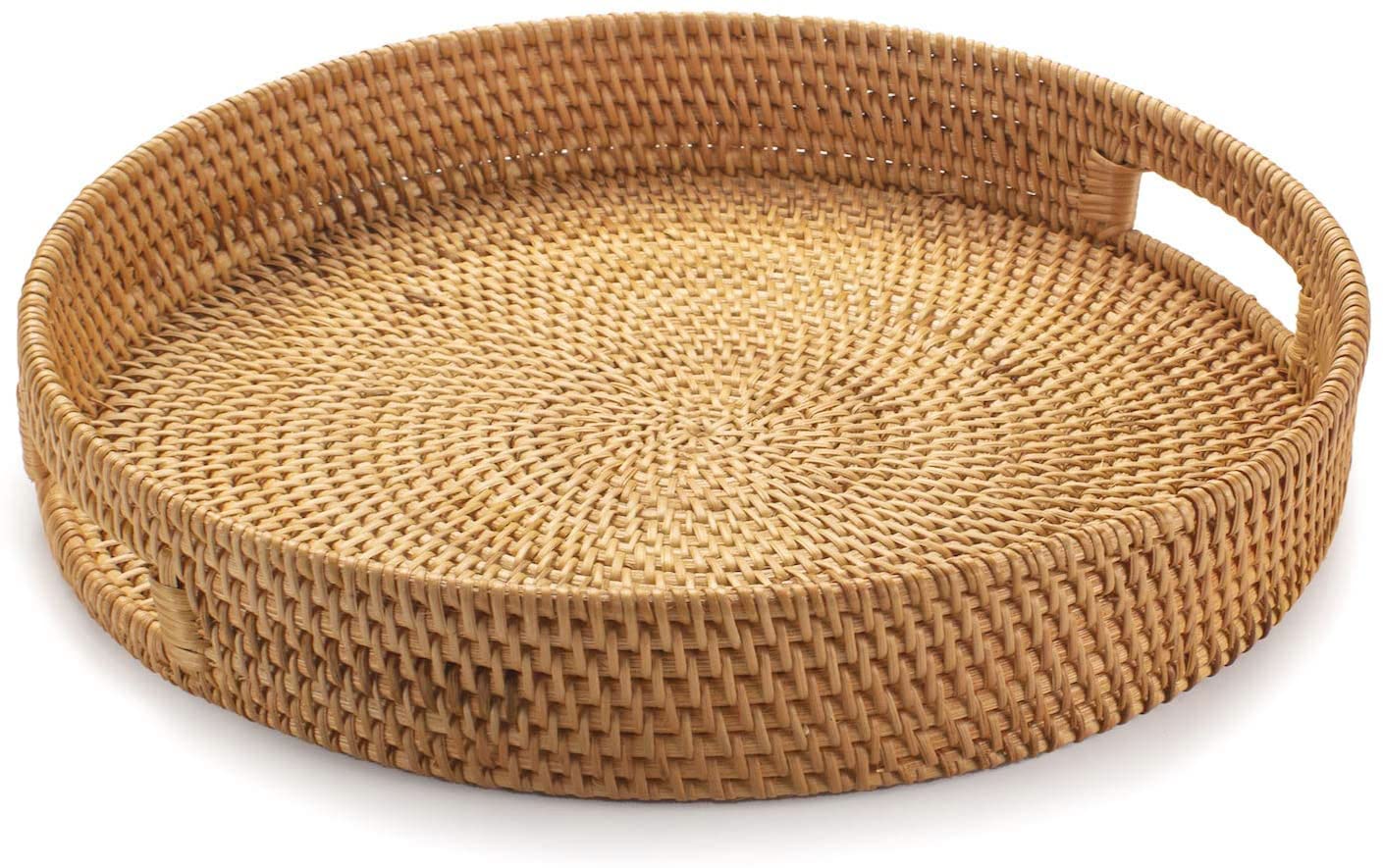 Hand Woven Rattan Round Serving Tray - 13.8 Inch Decorative Coffee Table Tray with Handles, Ottoman Wicker Basket for Fruit, Bread & Snacks - Perfect for Living Room, Kitchen & Outdoor Entertaining