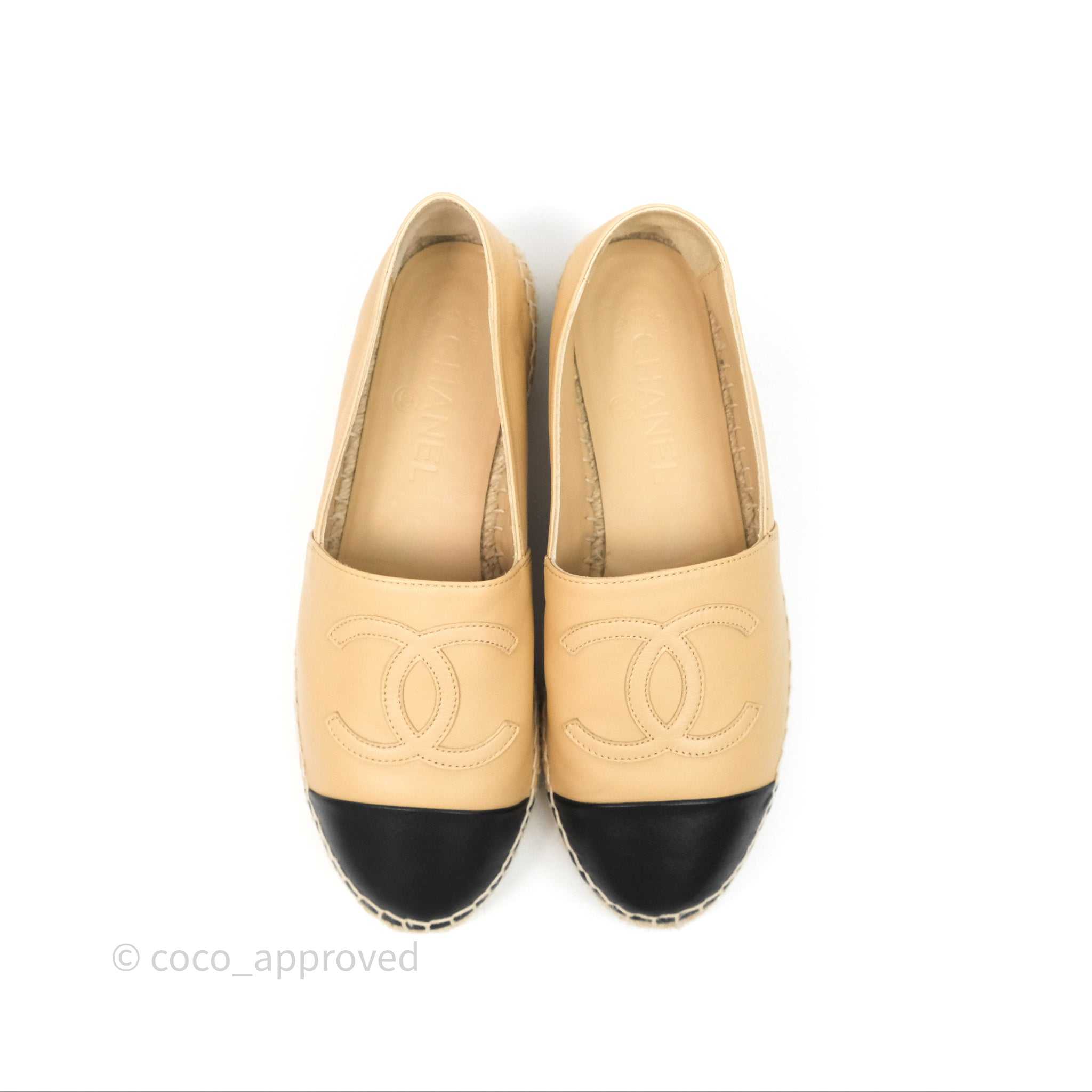 Chanel CC Logo Espadrilles in Beige & Black Lambskin - Women's Size 38 | Comfortable Summer Flats for Beach, Vacation & Casual Outings