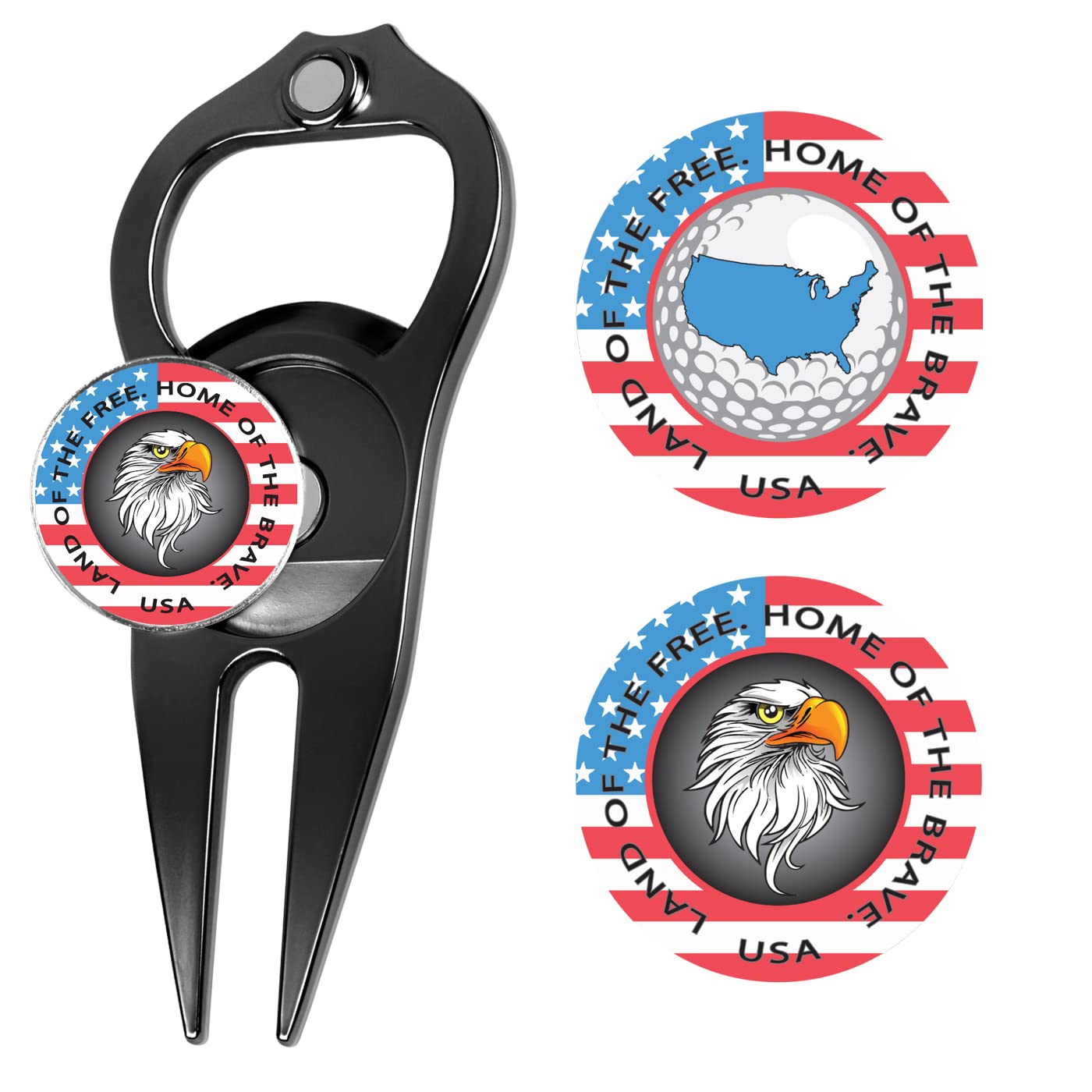 LinksWalker Hat Trick Divot Tool with American Flag Design - 2 Pack Ceramic Poker Chip Golf Ball Markers | Made in USA | Perfect Golf Accessories for Men & Women | Great Gift for Golf Lovers | Ideal for Golf Tournaments & Practice Rounds
