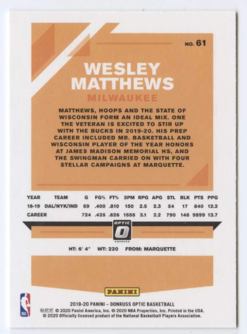 2019-20 Donruss Optic Basketball Card #61 Wesley Matthews Milwaukee Bucks - NBA Collectible, Trading Card for Fans & Investors