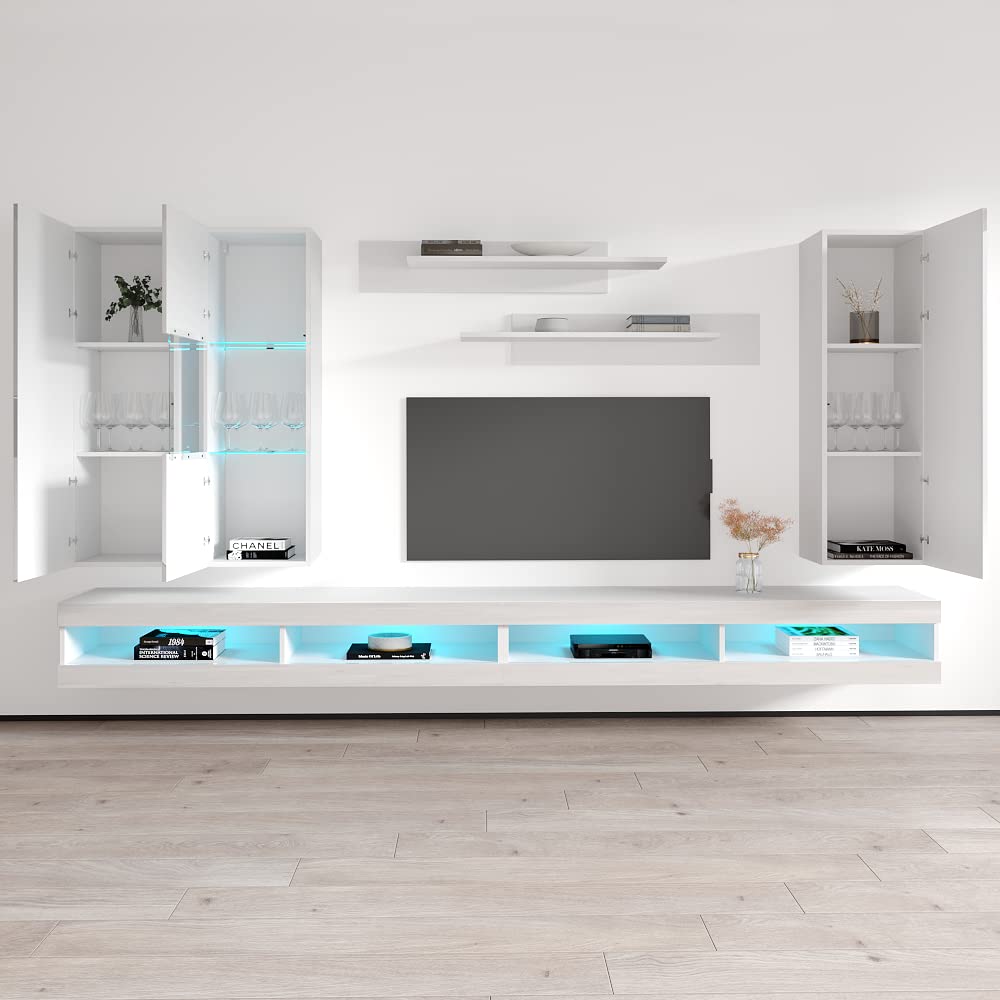 Modern White Wall-Mounted TV Stand with Storage Shelves & LED Lights - Floating Entertainment Center Console for Living Room & Bedroom - Perfect for Small Spaces & Home Theater Setup - Meble Furniture Fly EF5 34TV Stand
