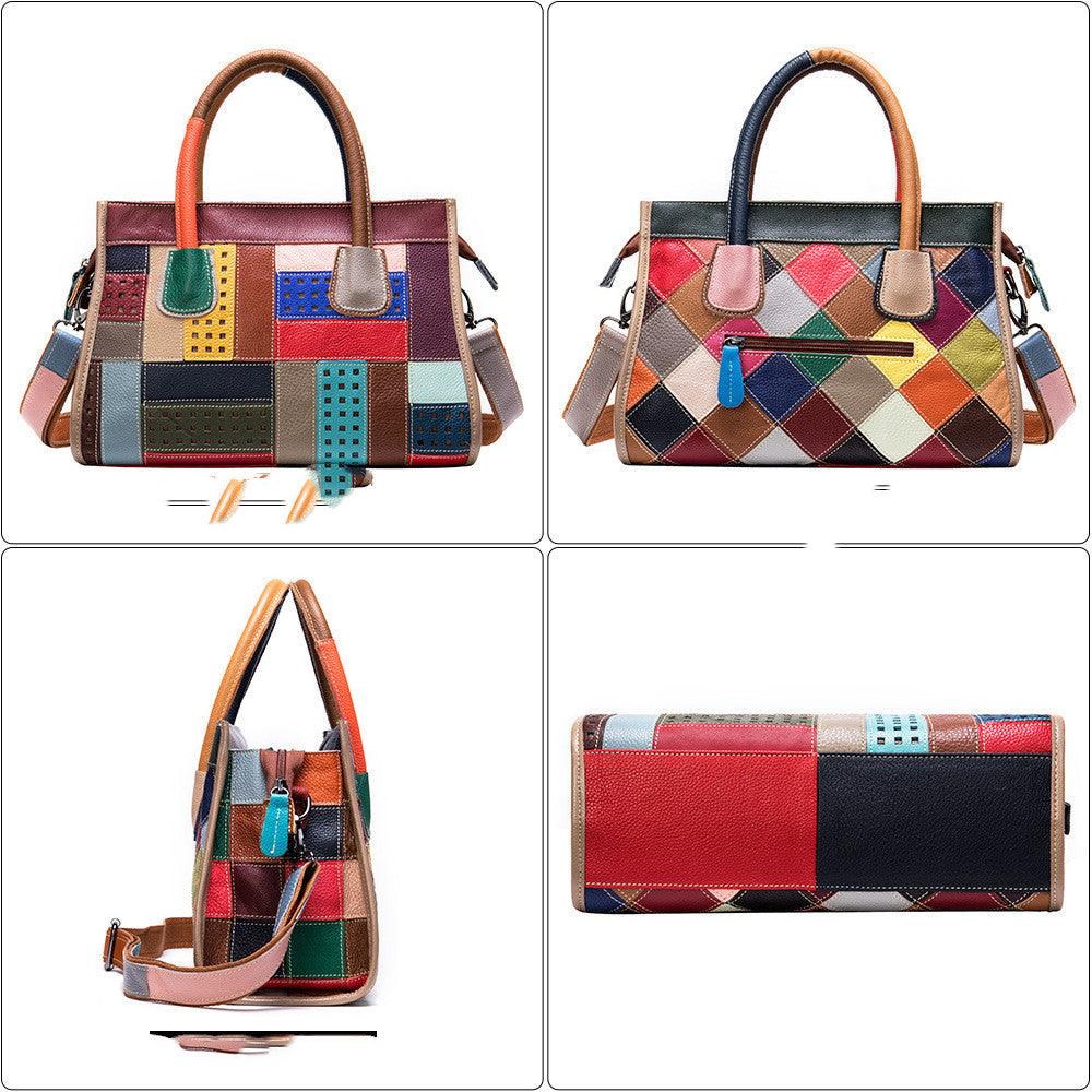 Stylish Lovevop Cowhide Patchwork Handbag for Women - Trendy Color Block Design, Durable Leather Crossbody Purse for Work, Travel & Everyday Use