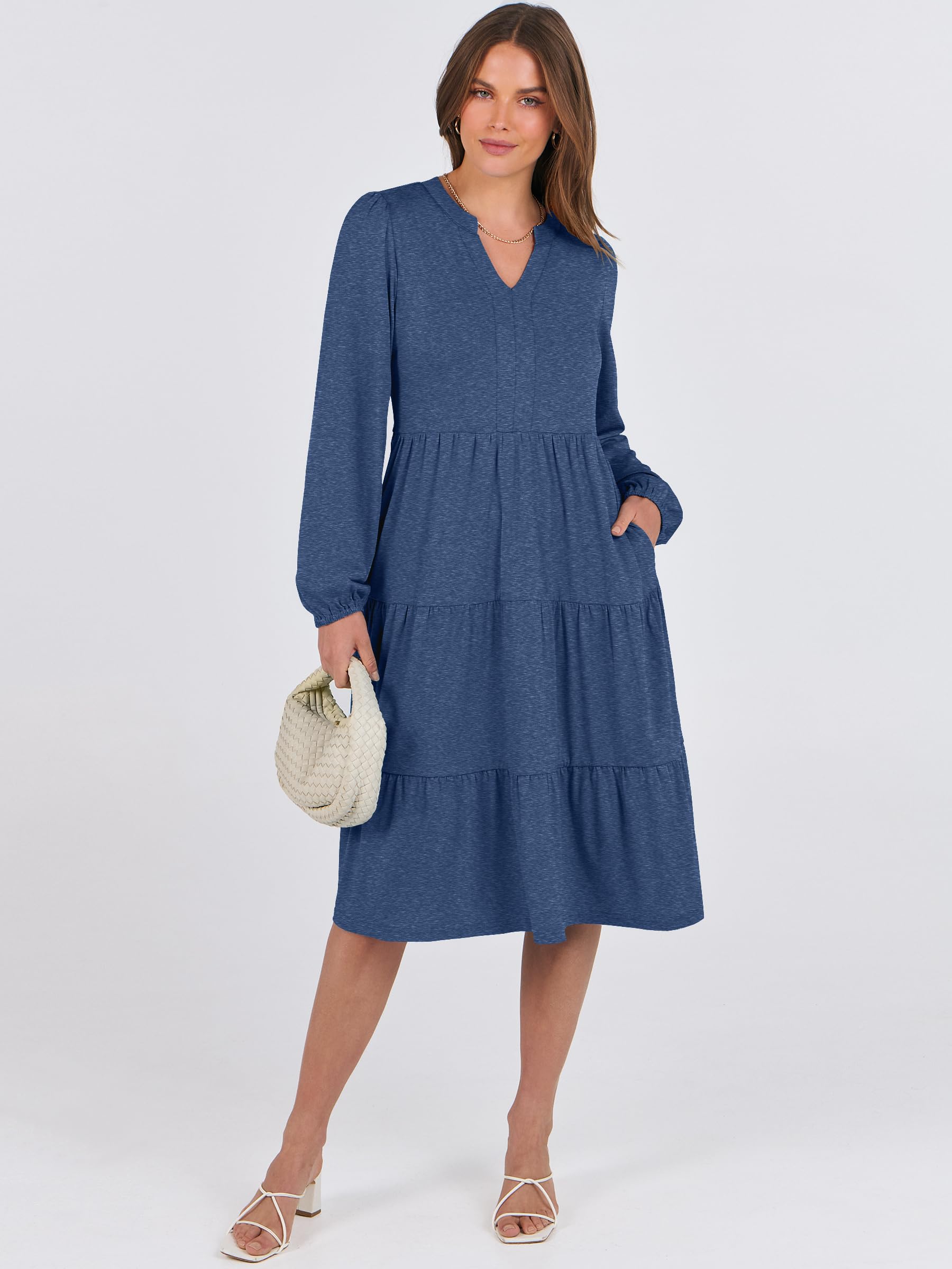 ANRABESS Women's Long Sleeve V-Neck Flowy Swing Dress - 2025 Spring Casual Tiered Maxi Dress for Vacation, Beach, Party & Everyday Wear