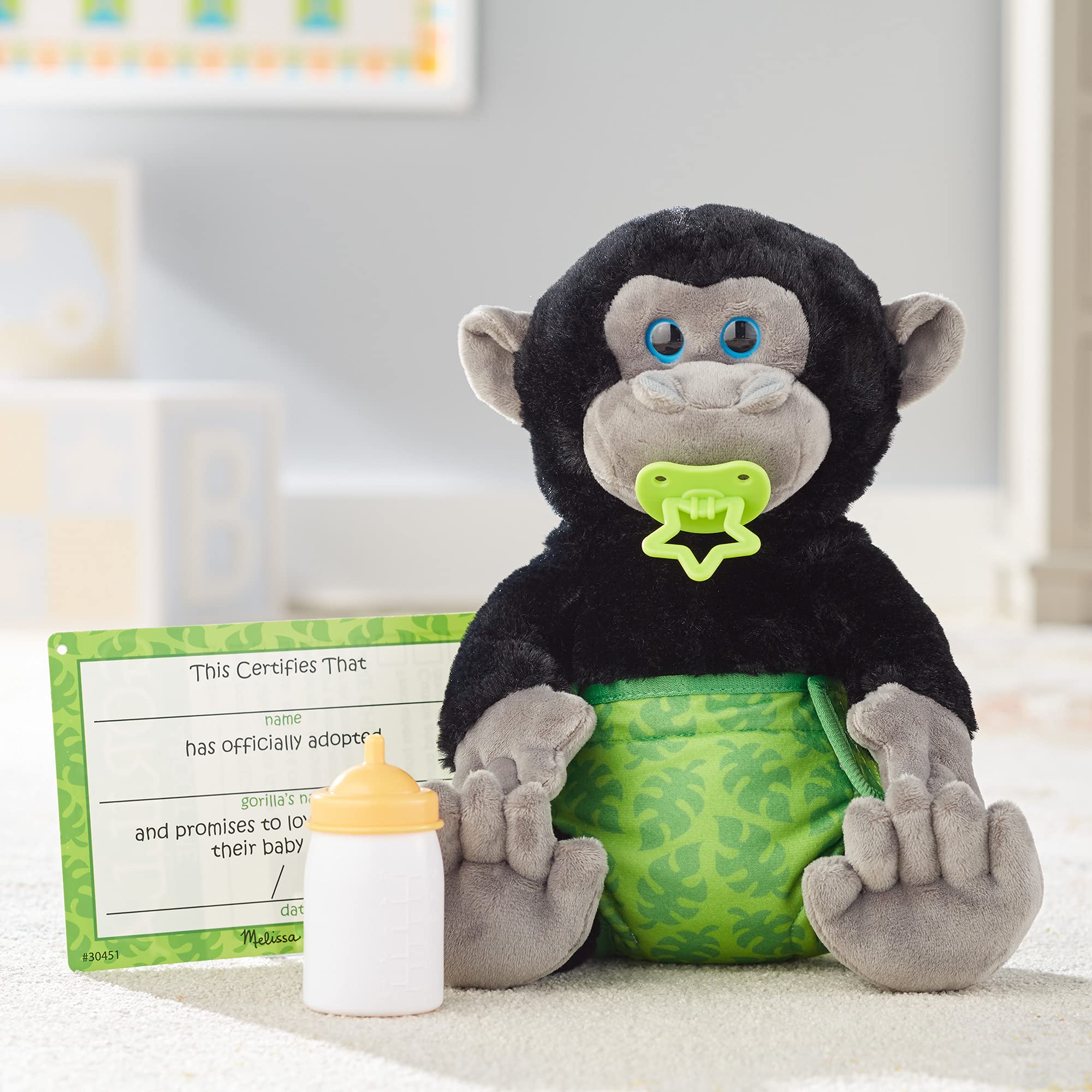 Melissa & Doug 11-Inch Baby Gorilla Plush Stuffed Animal Toy with Pacifier, Diaper & Baby Bottle - Soft Cuddly Gorilla Stuffed Animal for Kids, Nursery Decor & Baby Shower Gifts
