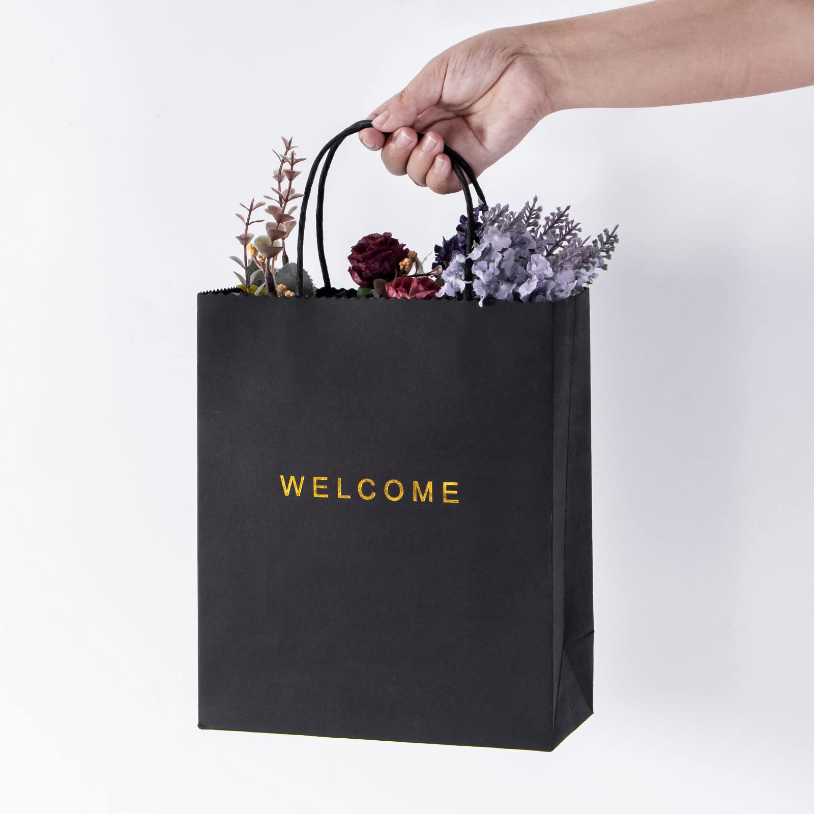 50 Pack Black Welcome Gift Bags with Handles - 7.9 x 3.7 x 9.4 Inches, 250g Paper - Perfect for Weddings, Parties, Retail & Shopping Bags - Bulk Welcome Bags for Guests, Bridal Showers & Corporate Events