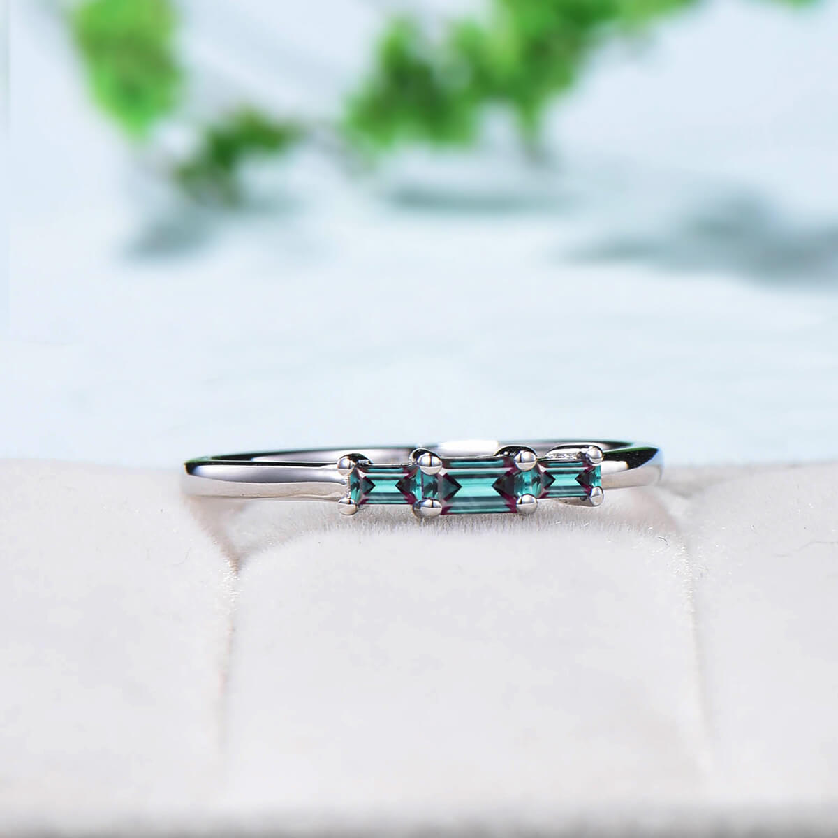 East to West Baguette Alexandrite Ring - Three Stone Color Changing Gemstone Wedding Band, Stackable Dainty Ring for June Birthstone & Anniversary Gift - Perfect for Bridal Jewelry, Engagement Stacking Rings & Special Occasion Gifts