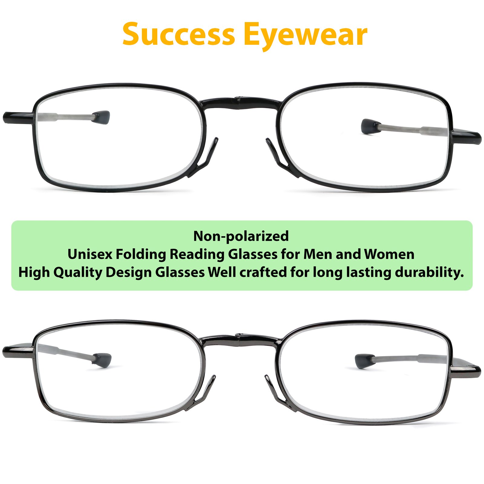 Success Eyewear Reading Glasses 2 Pack - Black & Gunmetal Folding Readers for Men & Women | Compact Case Included | Perfect for Reading Books, Using Phones & Computer Work
