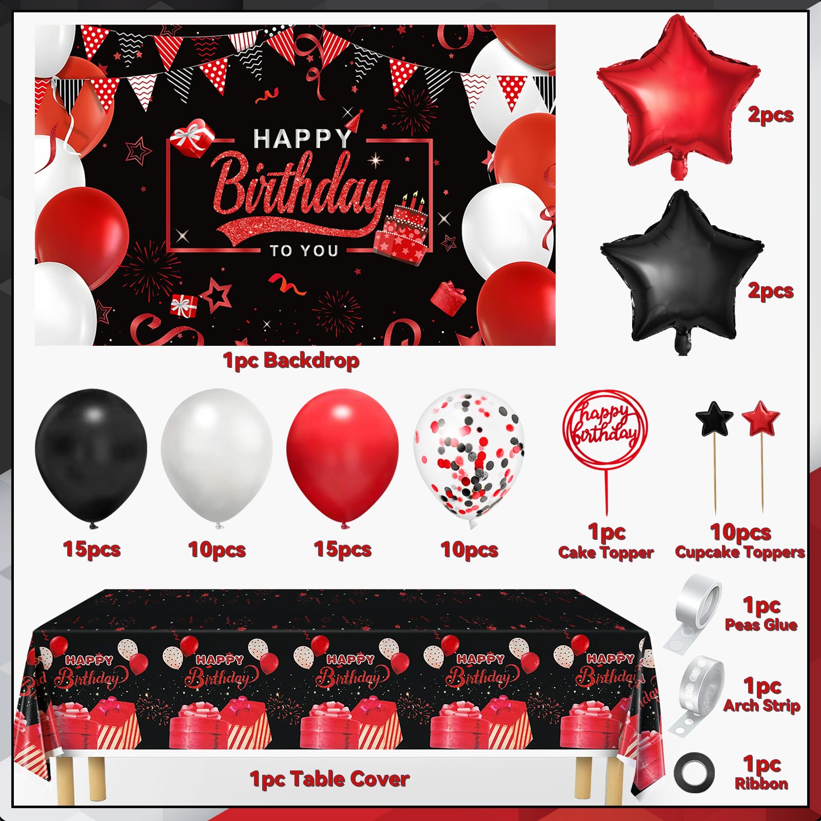 Red and Black Birthday Party Decorations Kit for Men, Women, Boys & Girls - Includes Balloon Arch, Garland, Happy Birthday Backdrop, Star Foil Balloons, Cake Toppers & Tablecloth | Perfect for Adult Birthday Parties, Gender Reveals & Anniversary Celebrations