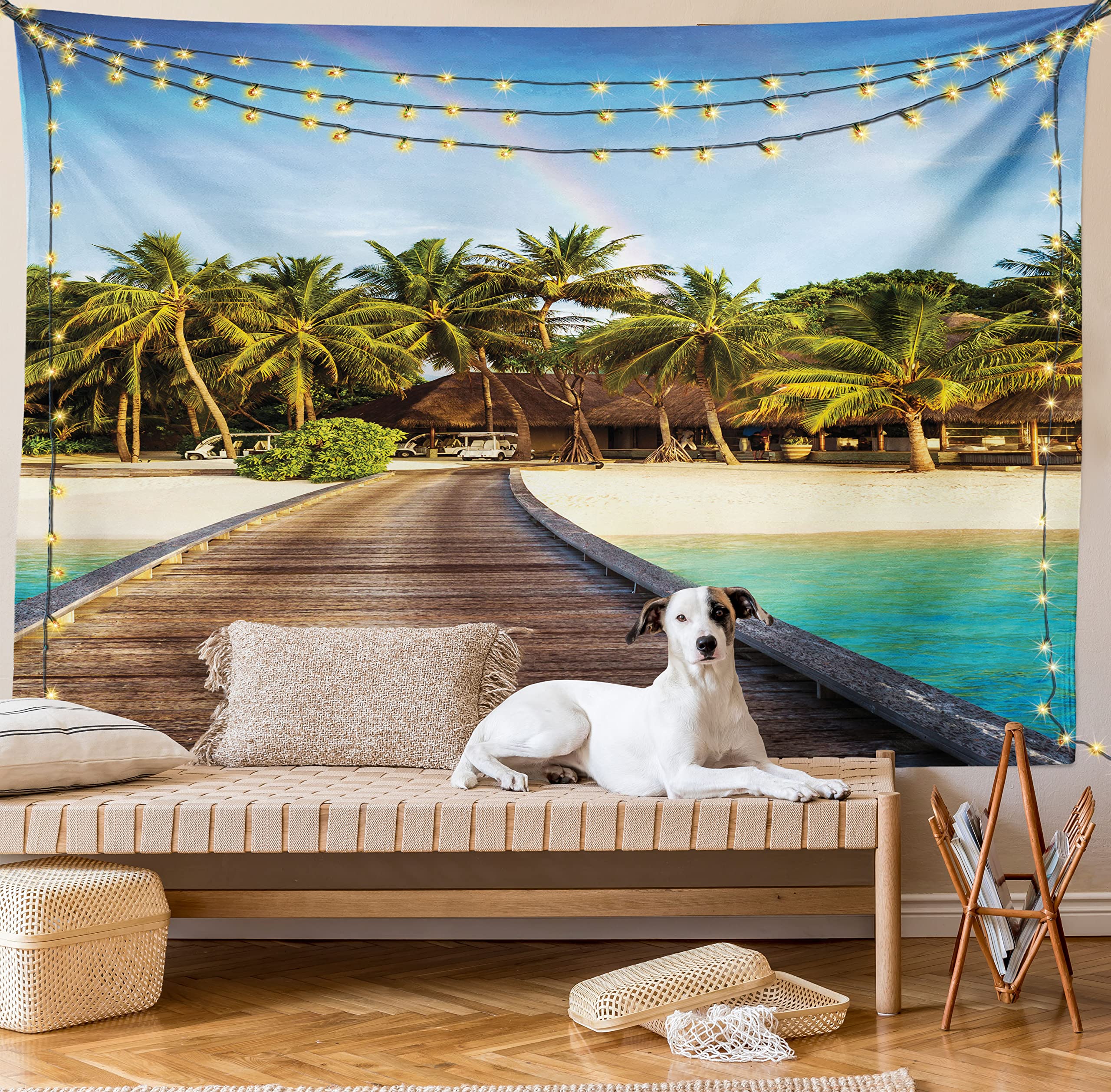 Ambesonne Beach Tapestry Wall Art - Wooden Bridge to Tropical Island with Rainbow Over Palm Trees - 40x60 Inch Brown Green Wall Hanging for Bedroom, Living Room, Dorm Decor - Perfect for Beach House, Boho Room & Vacation Themed Spaces