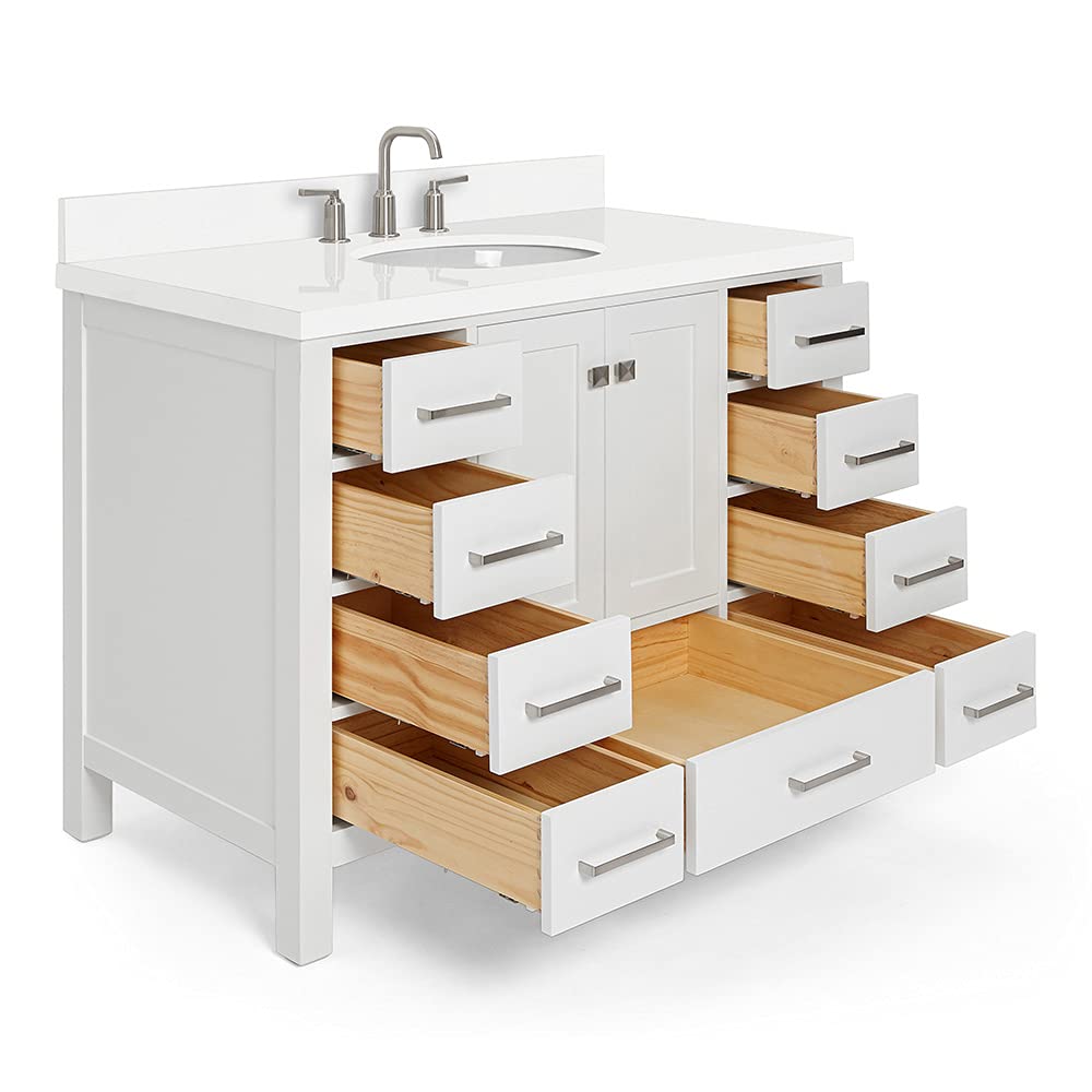 ARIEL Cambridge 43 Inch White Bathroom Vanity with Sink - Solid Wood Cabinet, Quartz Countertop & Oval Undermount Sink - 2 Soft-Closing Doors & 9 Drawers - Perfect for Modern Bathrooms, Master Bath Suites & Powder Rooms