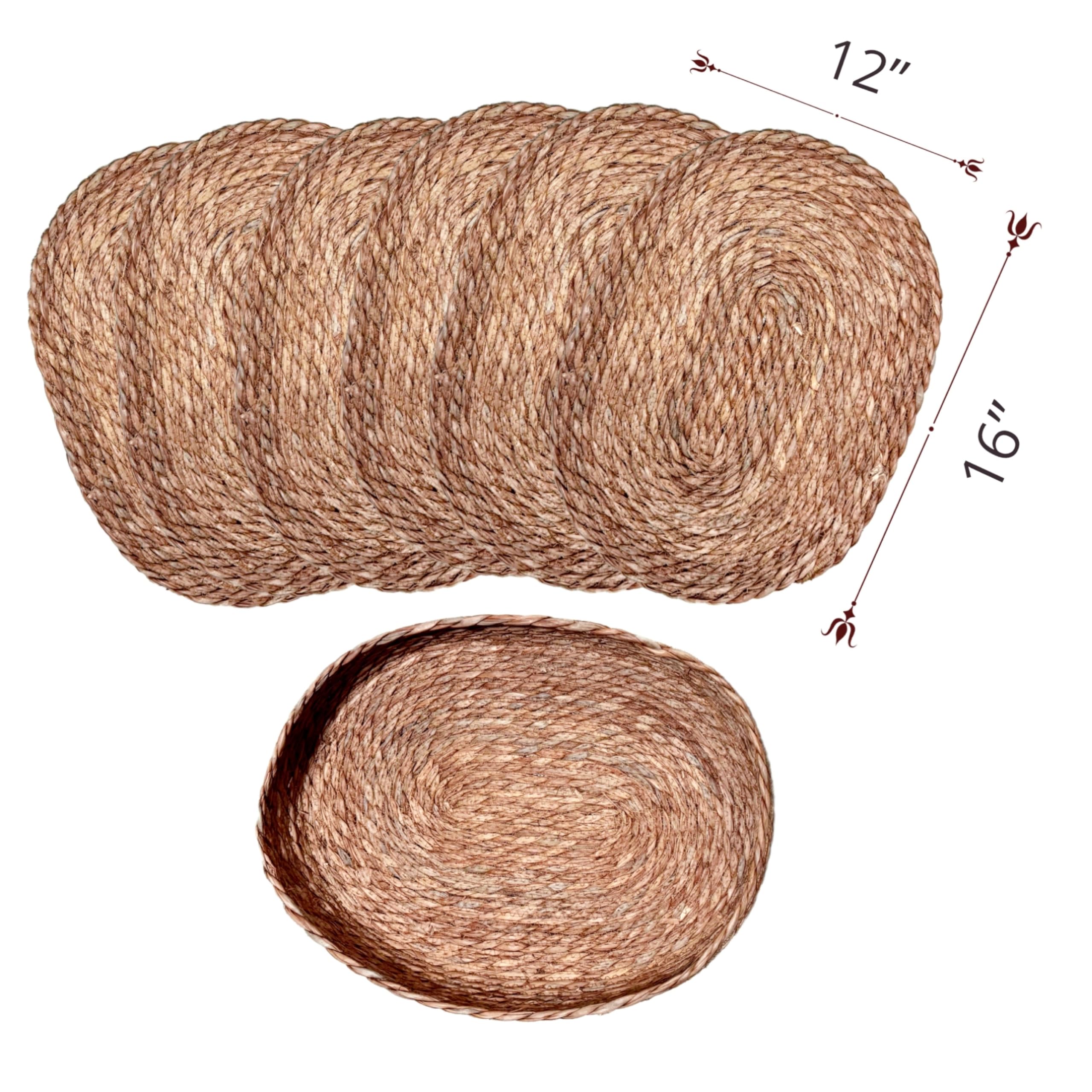 6-Piece Cattail Woven Oval Placemats Set with Storage Basket - Natural Wicker Water Hyacinth Table Mats for Hot Dishes - 16x12 Inch Holiday Dining Decor for Thanksgiving, Christmas & Family Gatherings