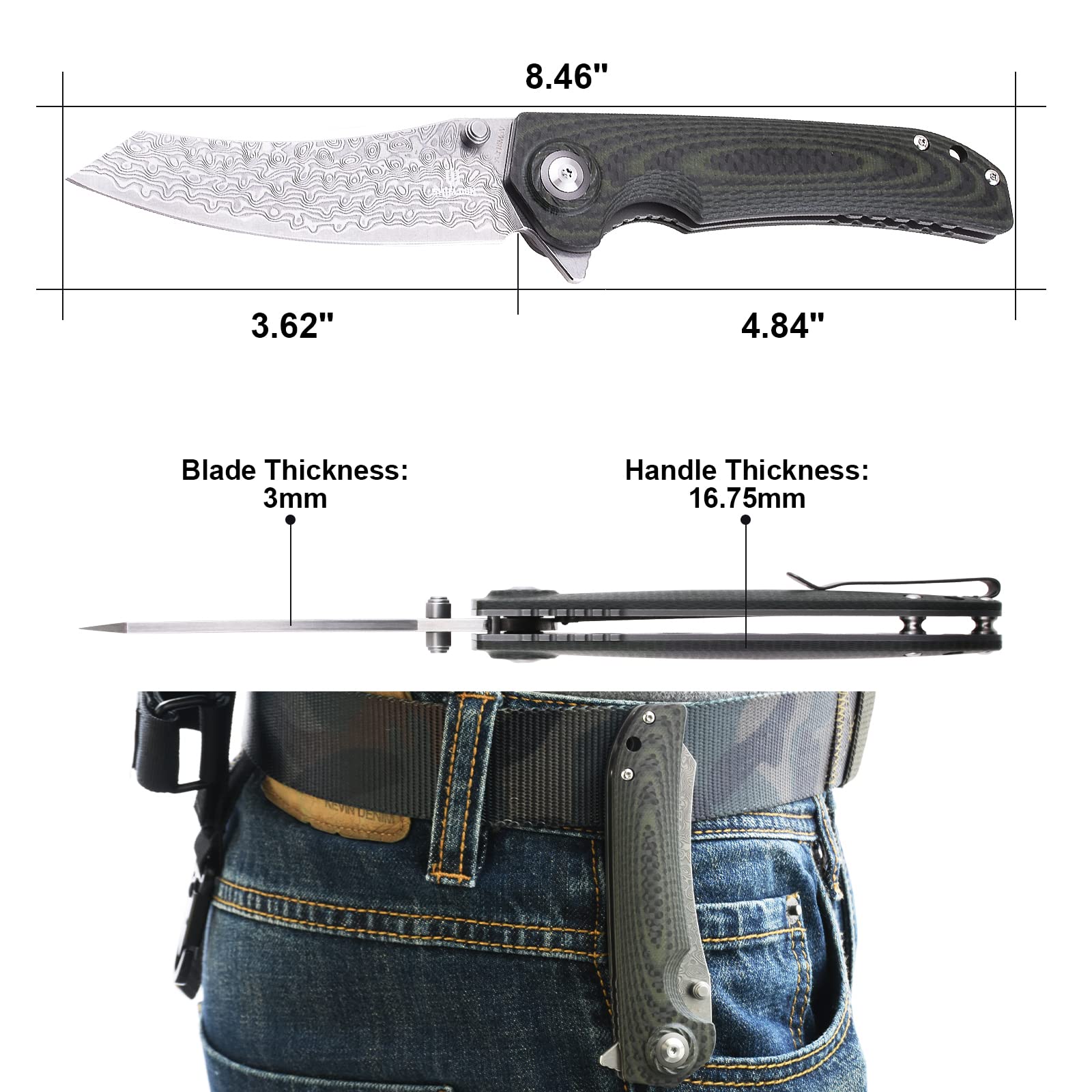 Premium Tortank Folding Knife - VG10 Core 67-Layer Damascus Steel Blade, 3.6