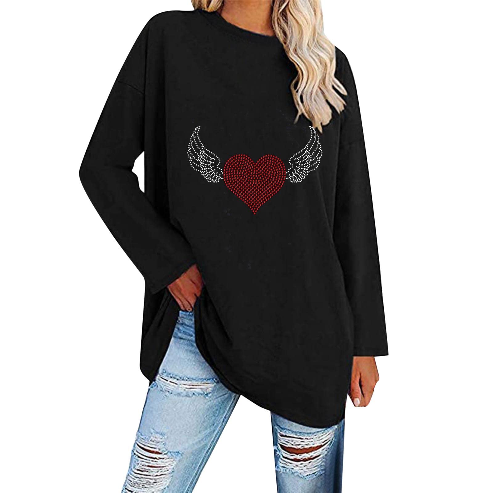 Women's Long Sleeve Oversized T-Shirts - Loose Fit Heart Print Casual Crewneck Tunic Blouse - Soft Comfortable Pack of Tops (Black) - Perfect for Everyday Wear, Lounge & Street Style Fashion