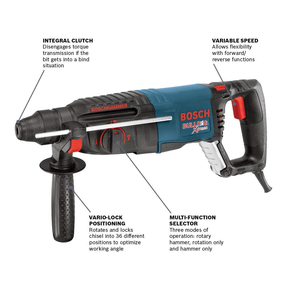 BOSCH 11255VSR Bulldog Xtreme 8 Amp 1-Inch Corded Variable Speed SDS-Plus Rotary Hammer Drill for Concrete & Masonry with HCK001 7-Piece Carbide-Tipped SDS-Plus Drill Bit Set - Perfect for Professional Construction, Demolition, and DIY Home Improvement Projects