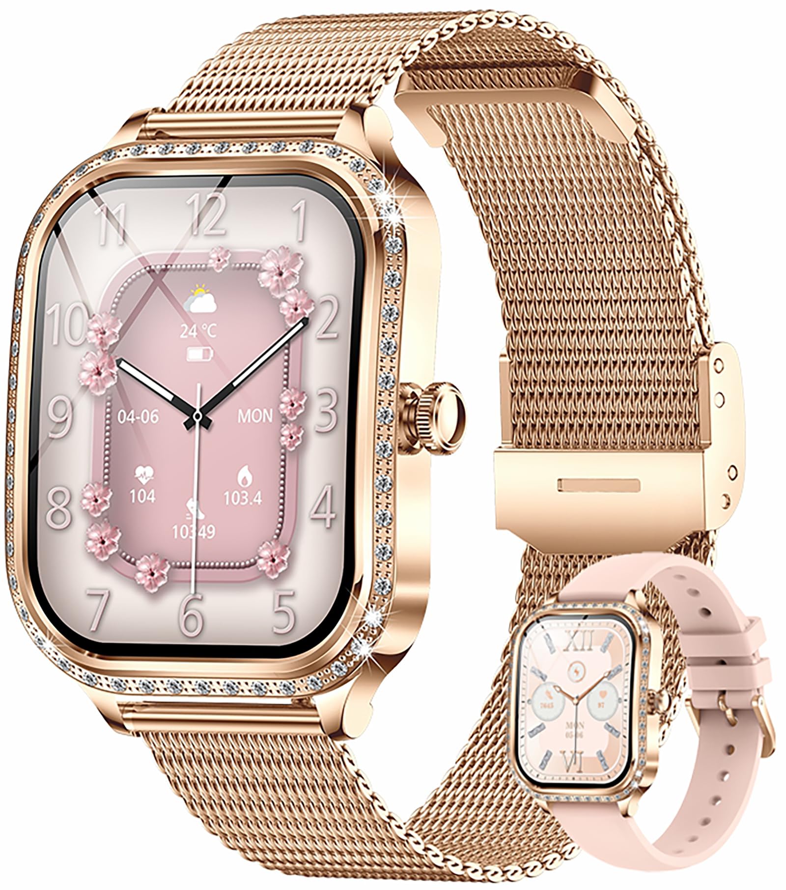 Luxury Diamond Smart Watch for Women - Gold Designer Fitness Tracker with Call Function, Heart Rate & Sleep Monitor, IP68 Waterproof - Perfect for Workouts, Office & Everyday Wear